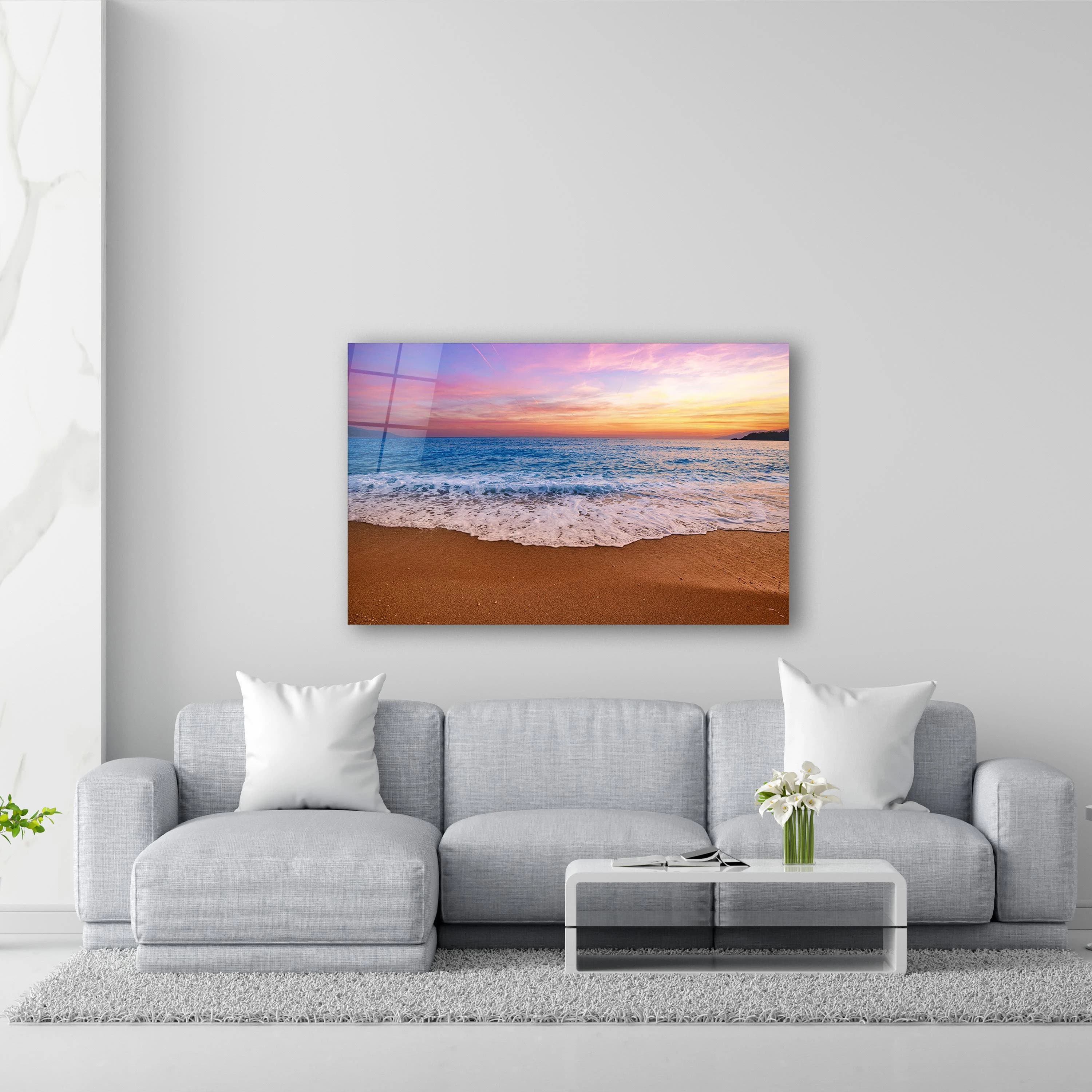 Coastal Landscape Glass Wall Art, Tempered Glass Sunset Beach Print, Ocean Wall Decor, Housewarming Gifts, Birthday Gifts, Wall Hangings