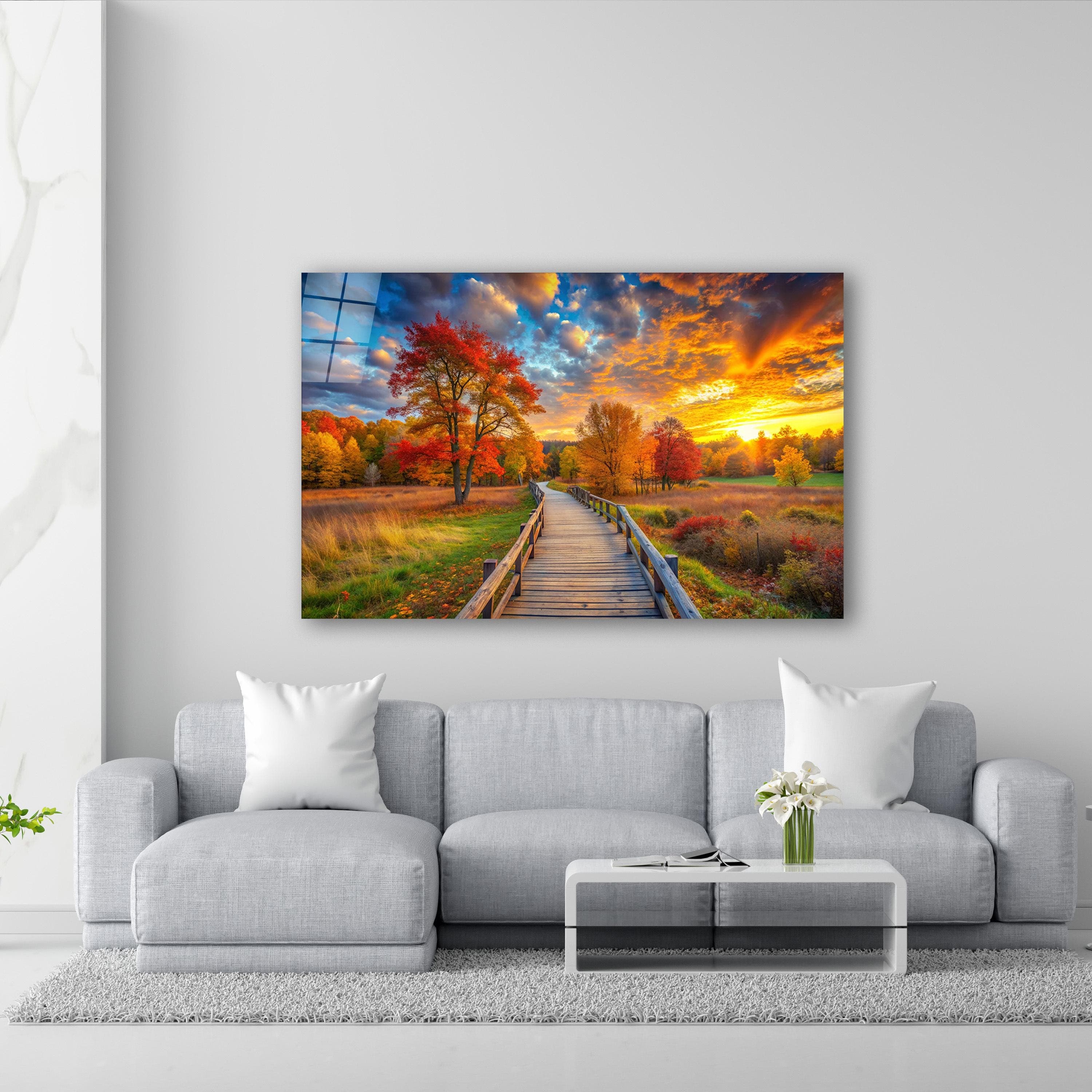 Fall Landscape Glass Wall Art, Autumn Pathway Tempered Glass Decor, Sunset Glass Print, Living Room Art, New Home Gifts, Anniversary Gifts