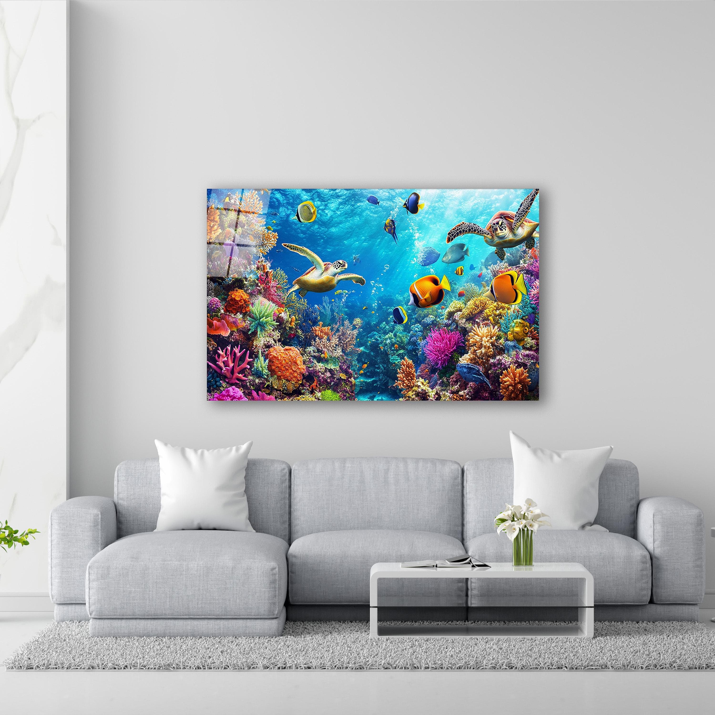 Colorful Fish & Sea Turtles Glass Wall Art, Aquarium Tempered Glass Wall Decor, Coral Reef Art, Ocean Wall Art, Christmas Gifts, Glass Print