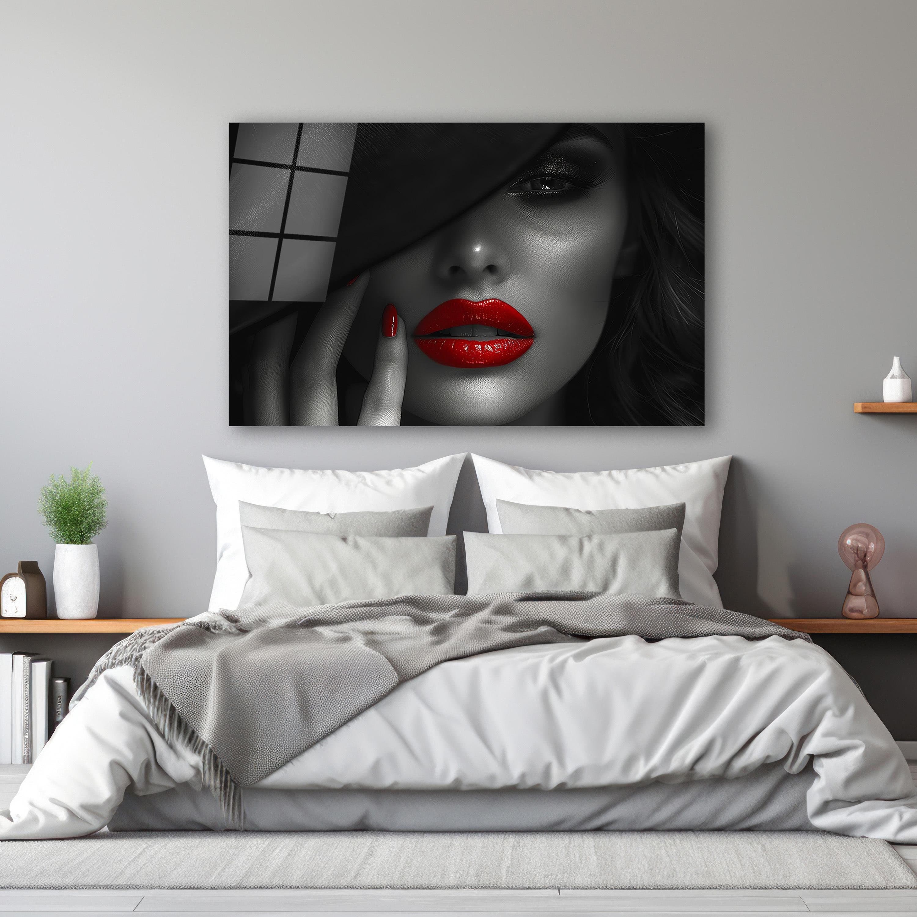 Lady with Red Lips Glass Wall Art, Beautiful Woman Tempered Glass Decor, Modern Wall Art, Living Room Decor, Above Bed Art, Birthday Gifts