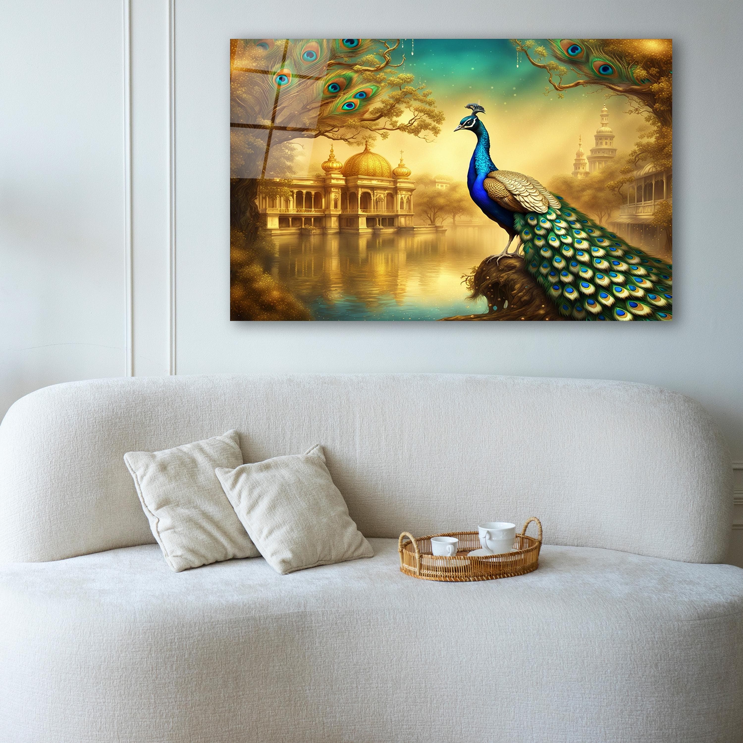 Beautiful Peacock Glass Wall Art, Elegant Gold Detailed Tempered Glass Decor, Living Room Art, Luxury Wall Decor, New Home Gifts, Home Decor
