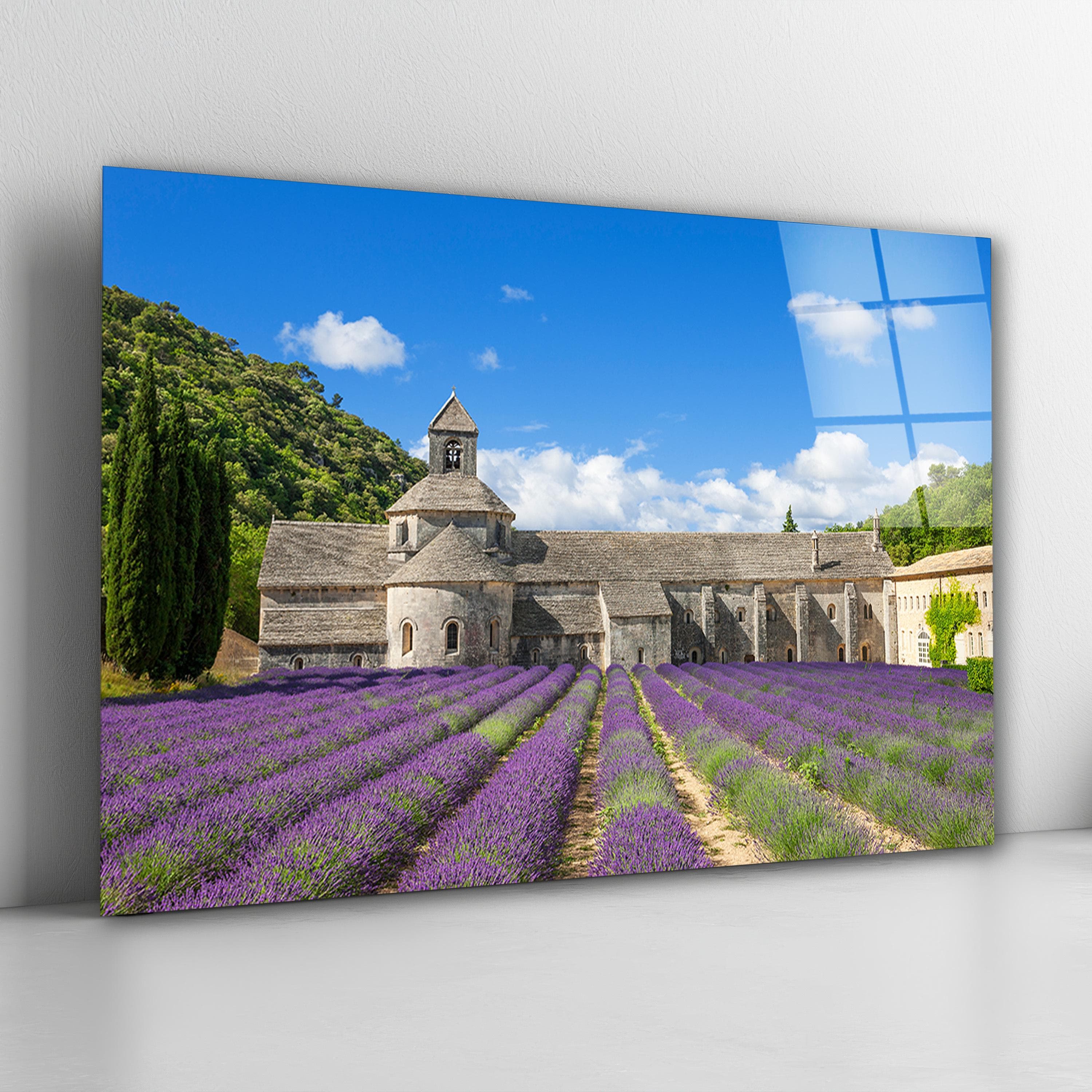 French Lavender Abbey Glass Wall Art, Provence Landscape Tempered Glass Decor, Living Room Art, New Home Gifts, Wall Hangings, Glass Print