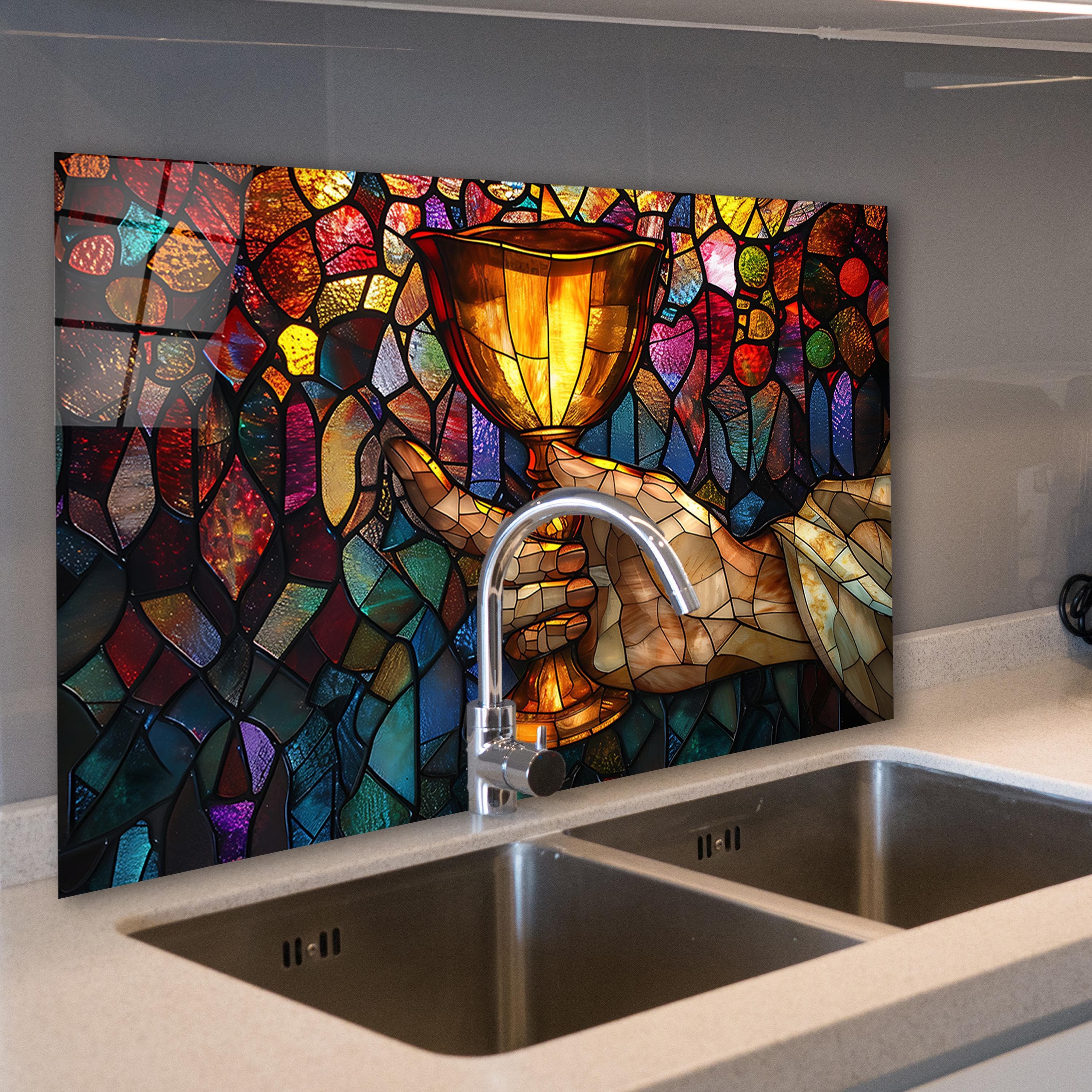 Stained Glass Goblet Backsplash, Holy Communion Tempered Glass Wall Art, Kitchen Splashback, Dining Room Decor, Christian Kitchen Decor
