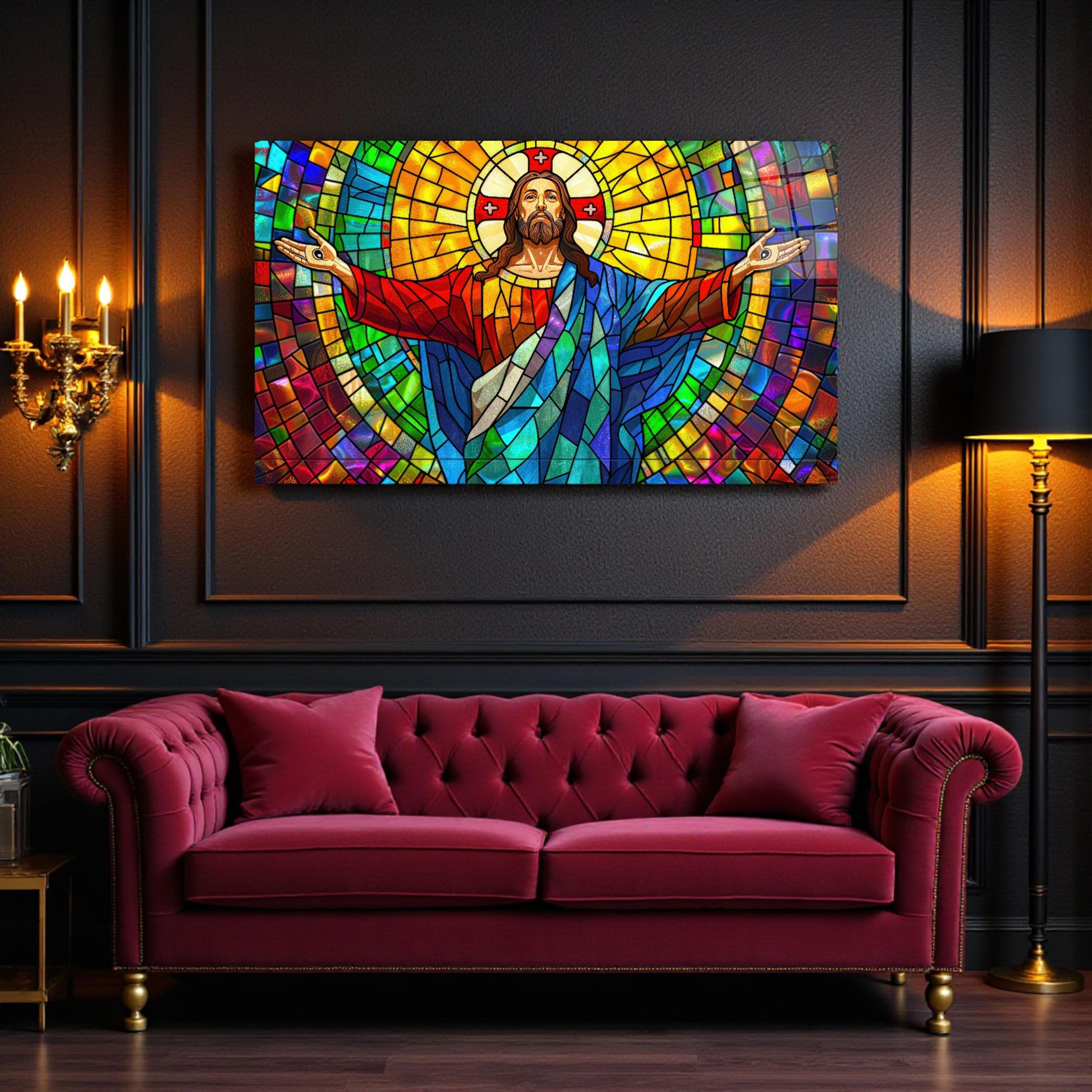 Jesus Christ Tempered Glass Wall Art, Stained Glass Effect Wall Decor, Christian Wall Art, Living Room Art, Mother's Day Gift, Wall Hanging