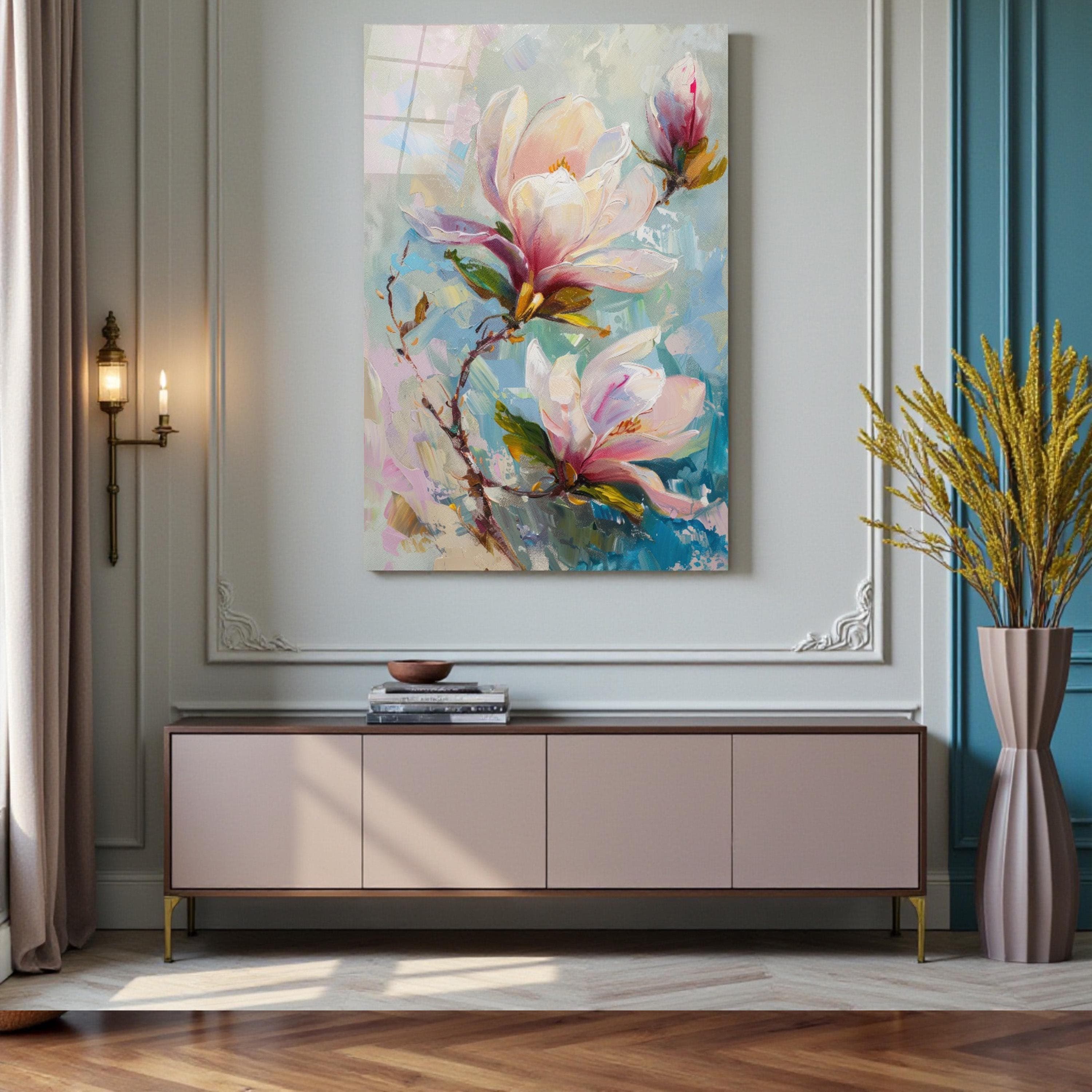 Magnolia Painting Glass Wall Art, Elegant Flowers Tempered Glass Decor, Floral Glass Print, Living Room Art, Valentine's Gift, Wall Hanging