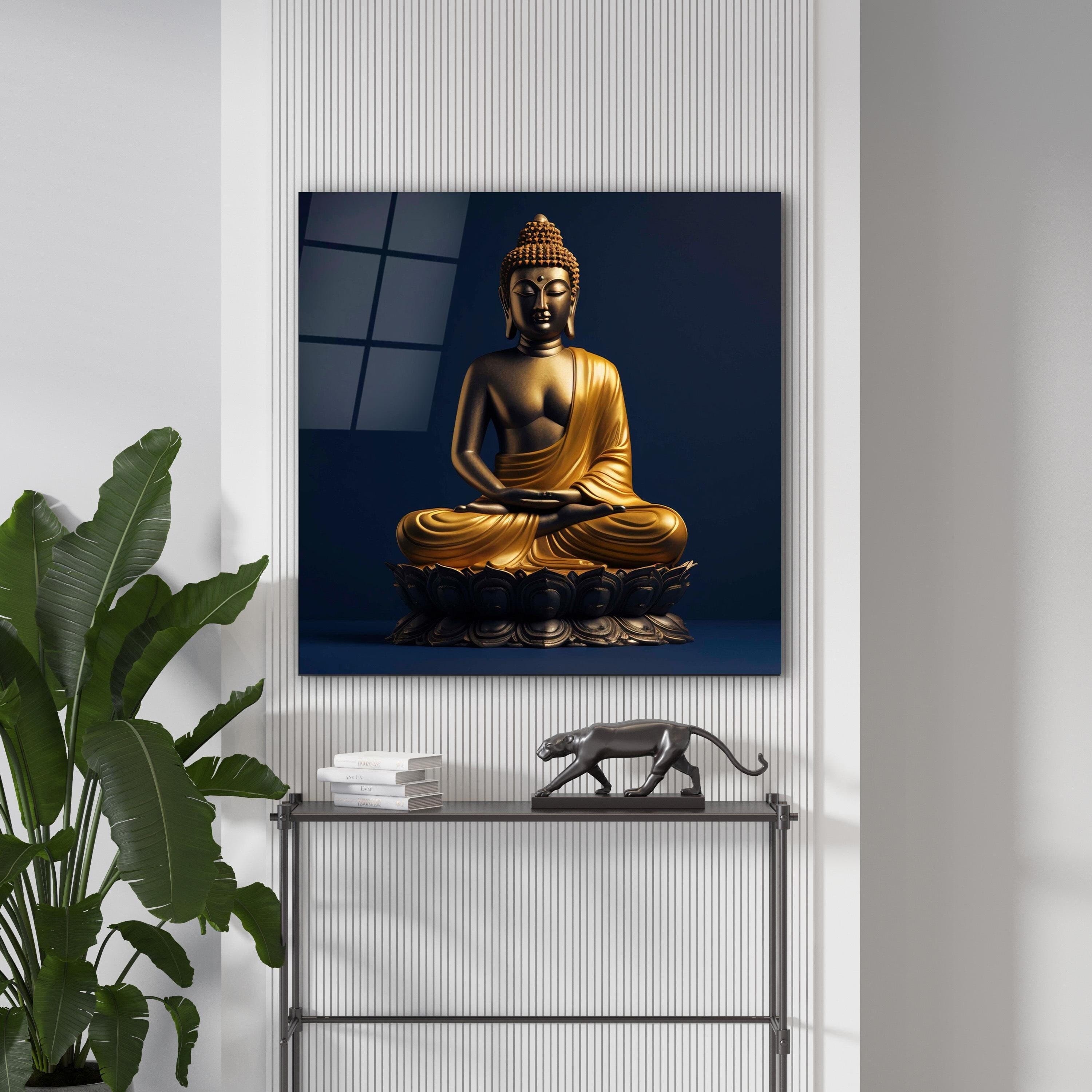 Golden Buddha Glass Wall Art, Buddha Statue Tempered Glass Decor, Modern Spiritual Art, Interior Design Ideas, New Home Gifts, Glass Print