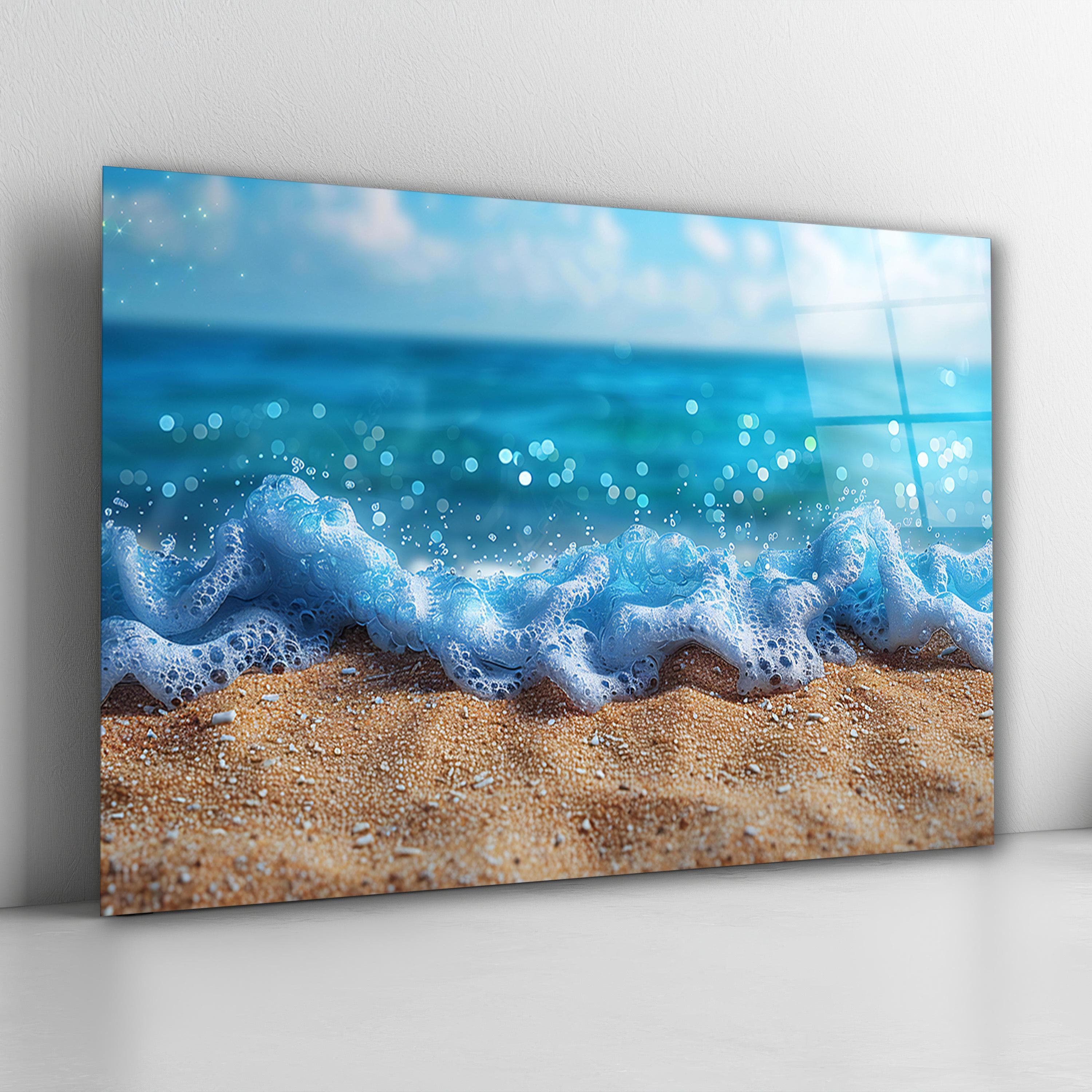 Sandy Beach Glass Wall Art, Blue Ocean Tempered Glass Decor, Coastal Wall Art, Living Room Art, Above Bed Art, New Home Gifts, Wall Hangings