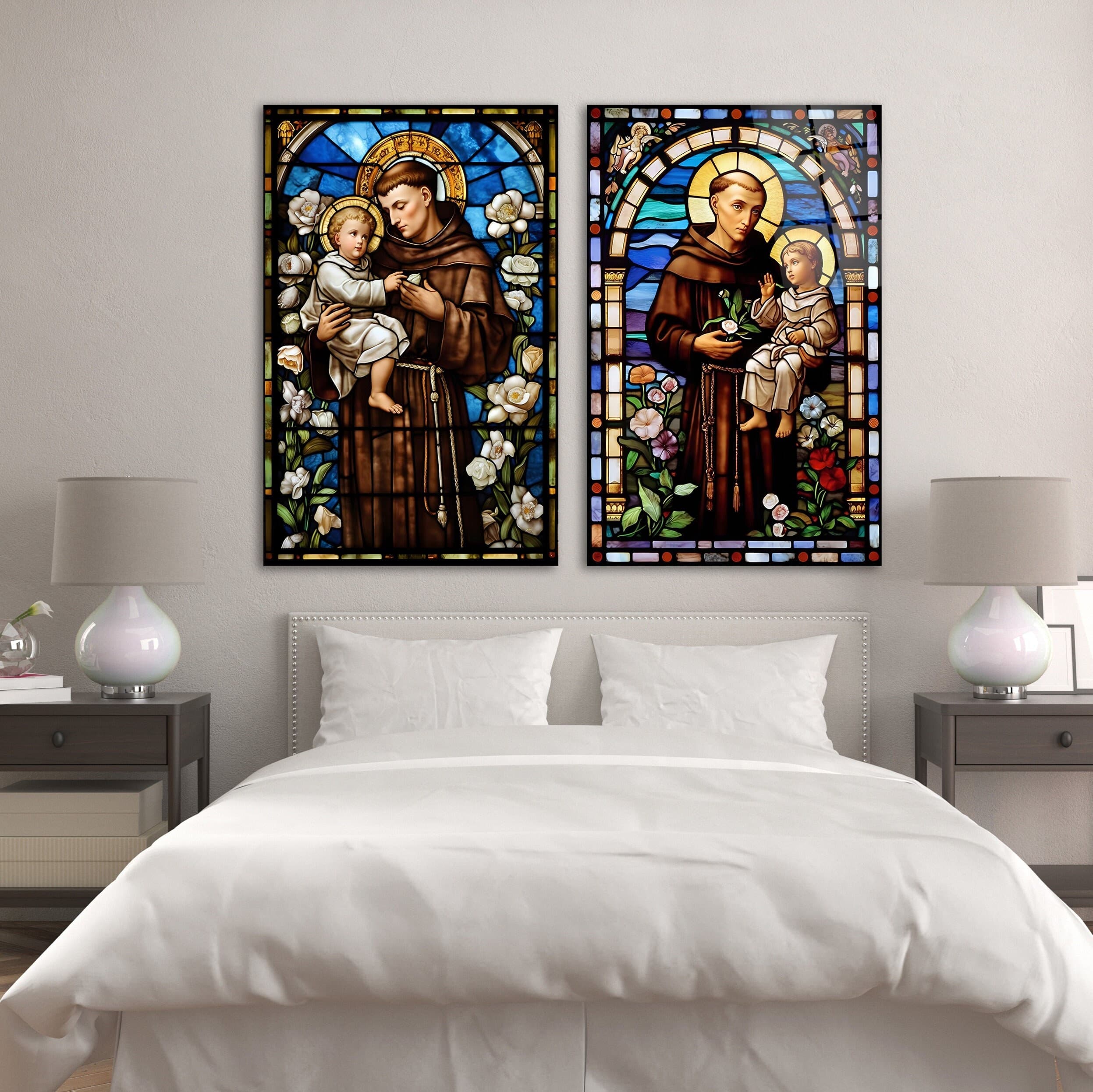 Saint Anthony of Padua Two Piece Glass Wall Art, Catholic Christian Tempered Glass Decor, Double Wall Art, New Home Gifts, Living Room Art