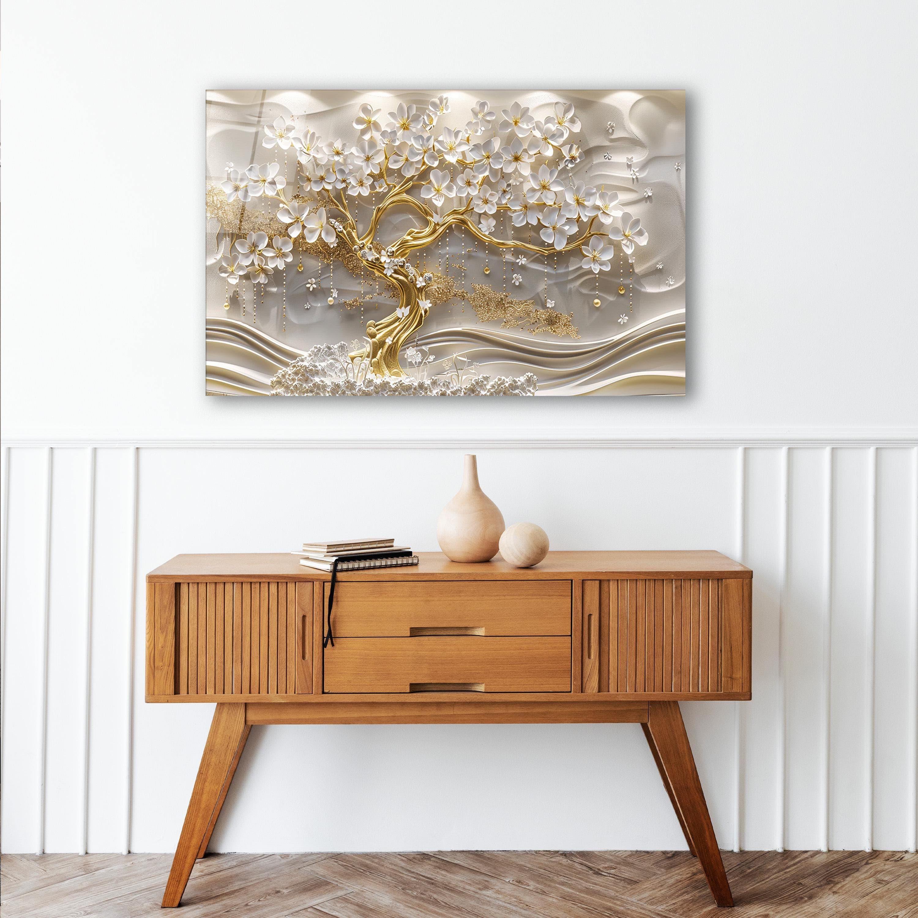 Golden Tree with White Flowers Glass Wall Art, Elegant Tempered Glass Decor, Living Room Art, Luxury Glass Print, New Home Gifts, Home Decor