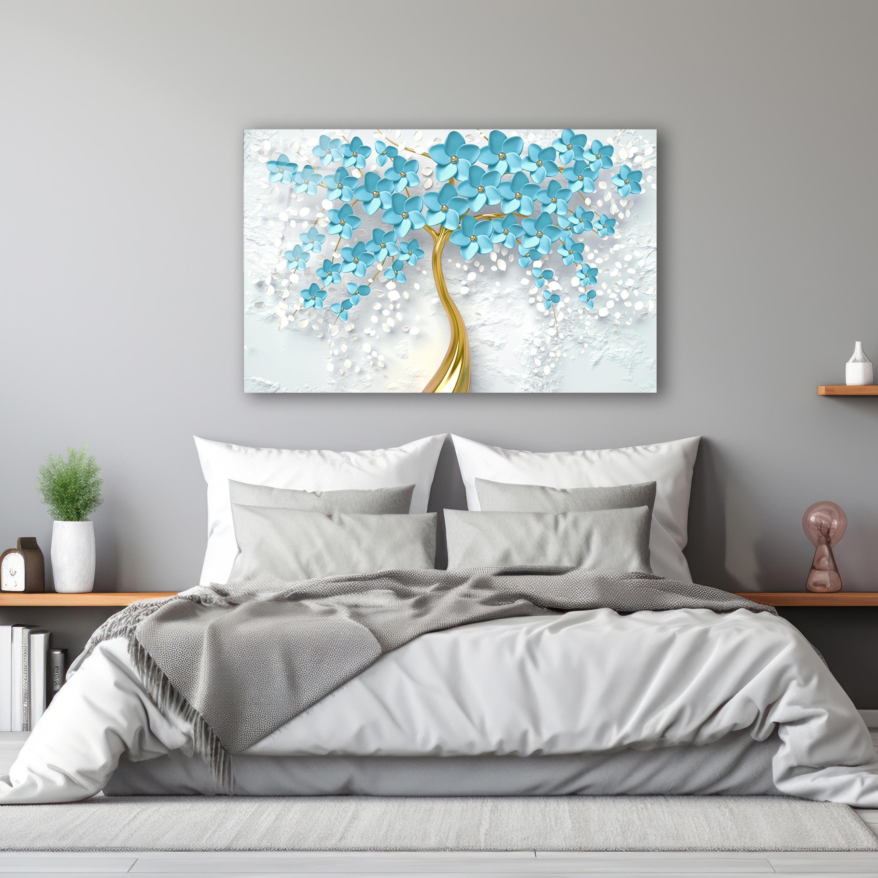Elegant Floral Tempered Glass Wall Art, Gold Tree with Blue Flowers Wall Decor, Luxury Wall Art, Living Room Art, New Home Gifts, Home Decor