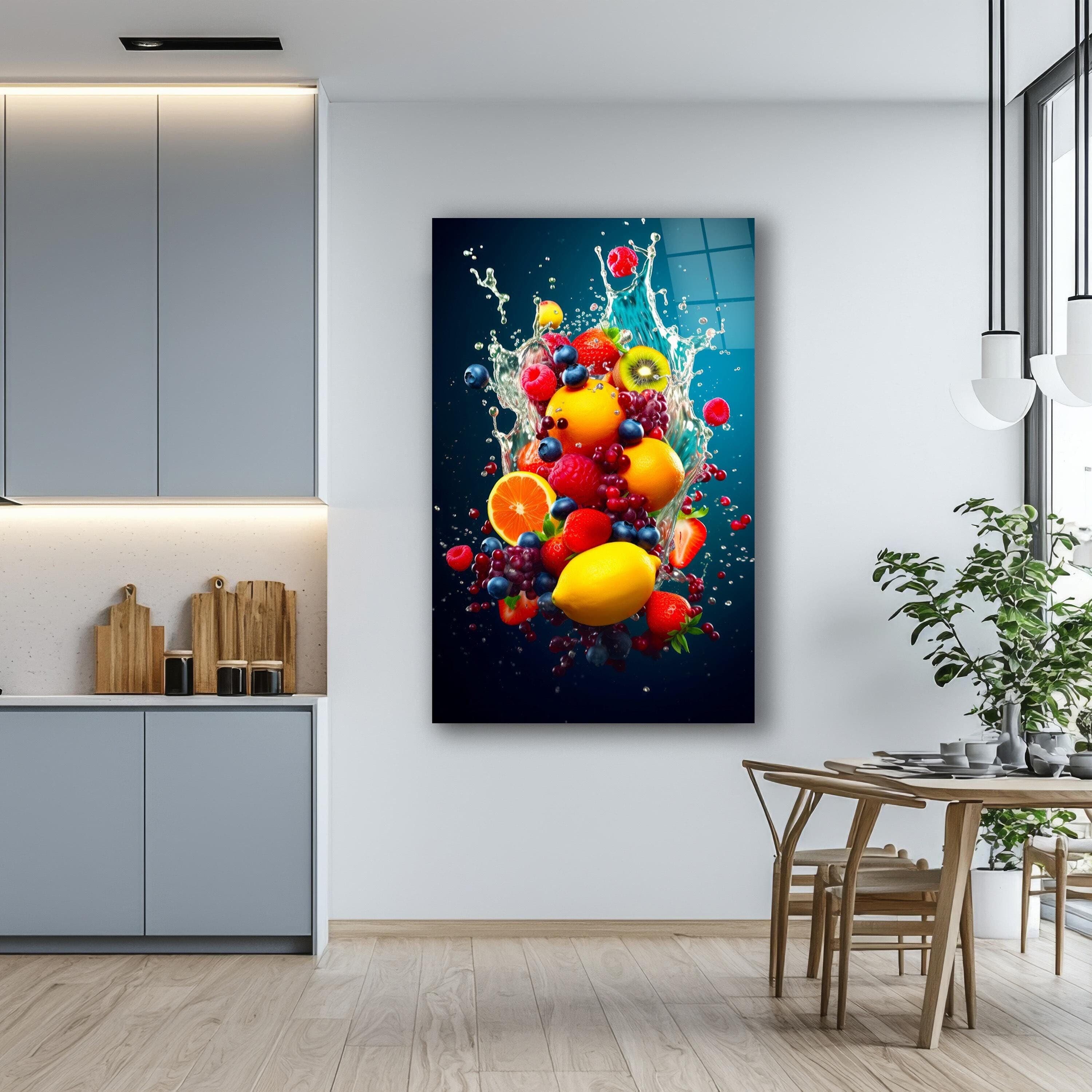 Fruits Splash Glass Wall Art, Tempered Glass Juicy Fruits Decor, Kitchen Wall Art, Dining Room Wall Decor, Valentine's Gifts, Wall Hangings