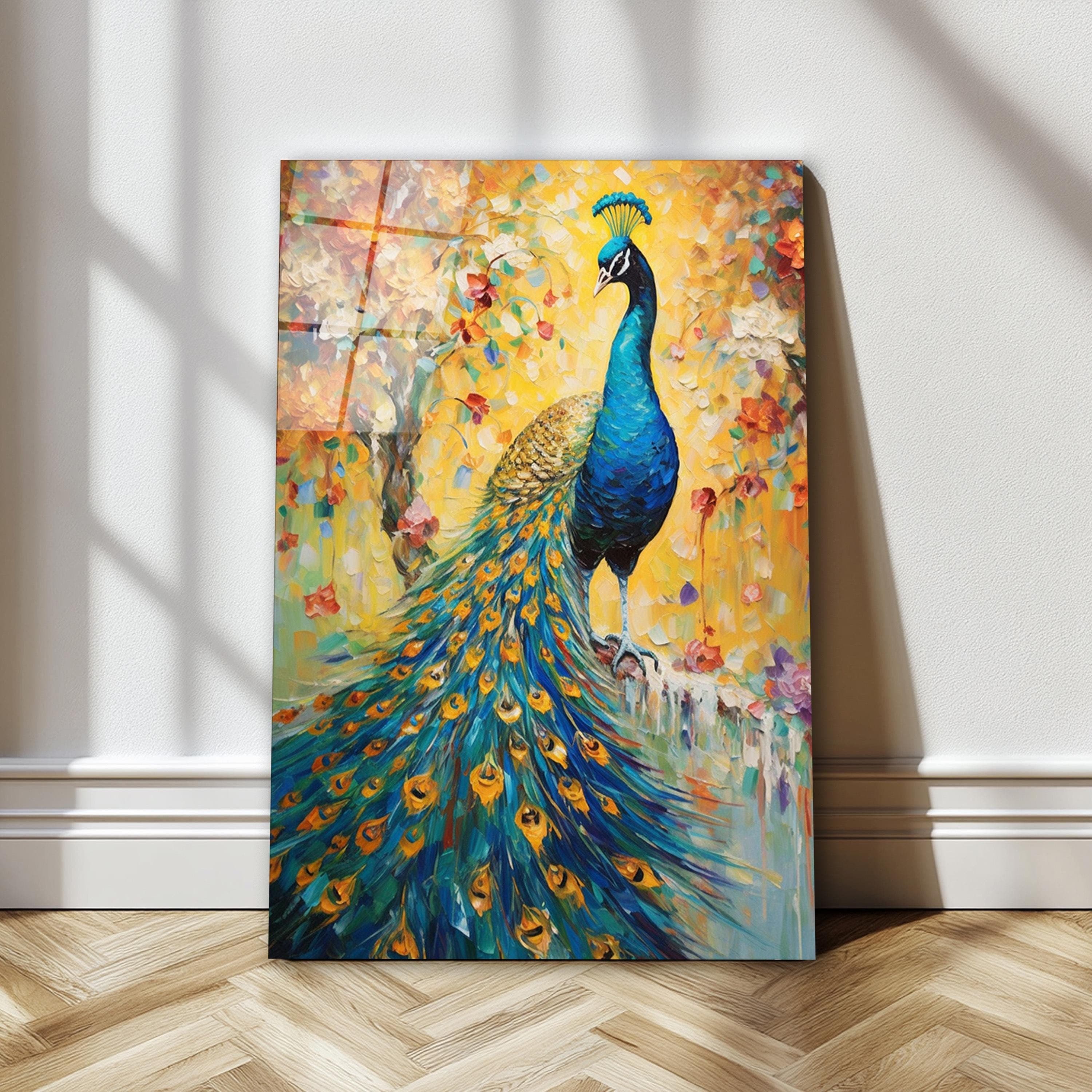 Peacock Flowers Glass Wall Art, Elegant Tempered Glass Decor, Living Room Art, New Home Gifts, Valentine's Gifts, Wall Hangings, Glass Print
