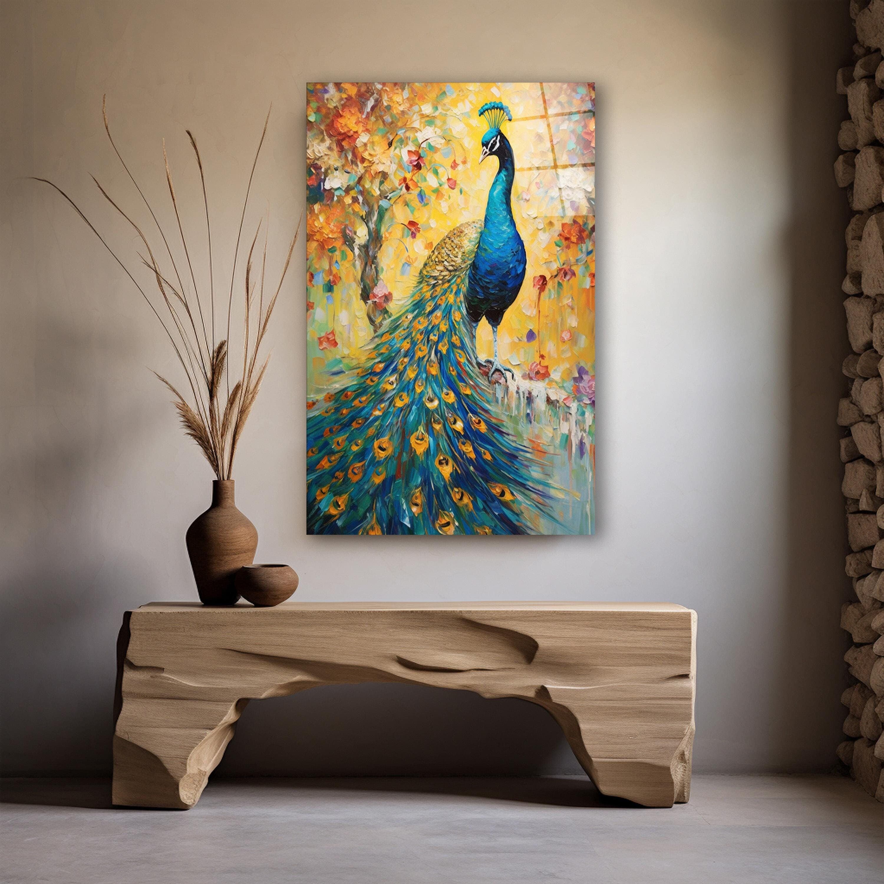 Peacock Flowers Glass Wall Art, Elegant Tempered Glass Decor, Living Room Art, New Home Gifts, Birthday Gifts, Wall Hangings, Glass Printing