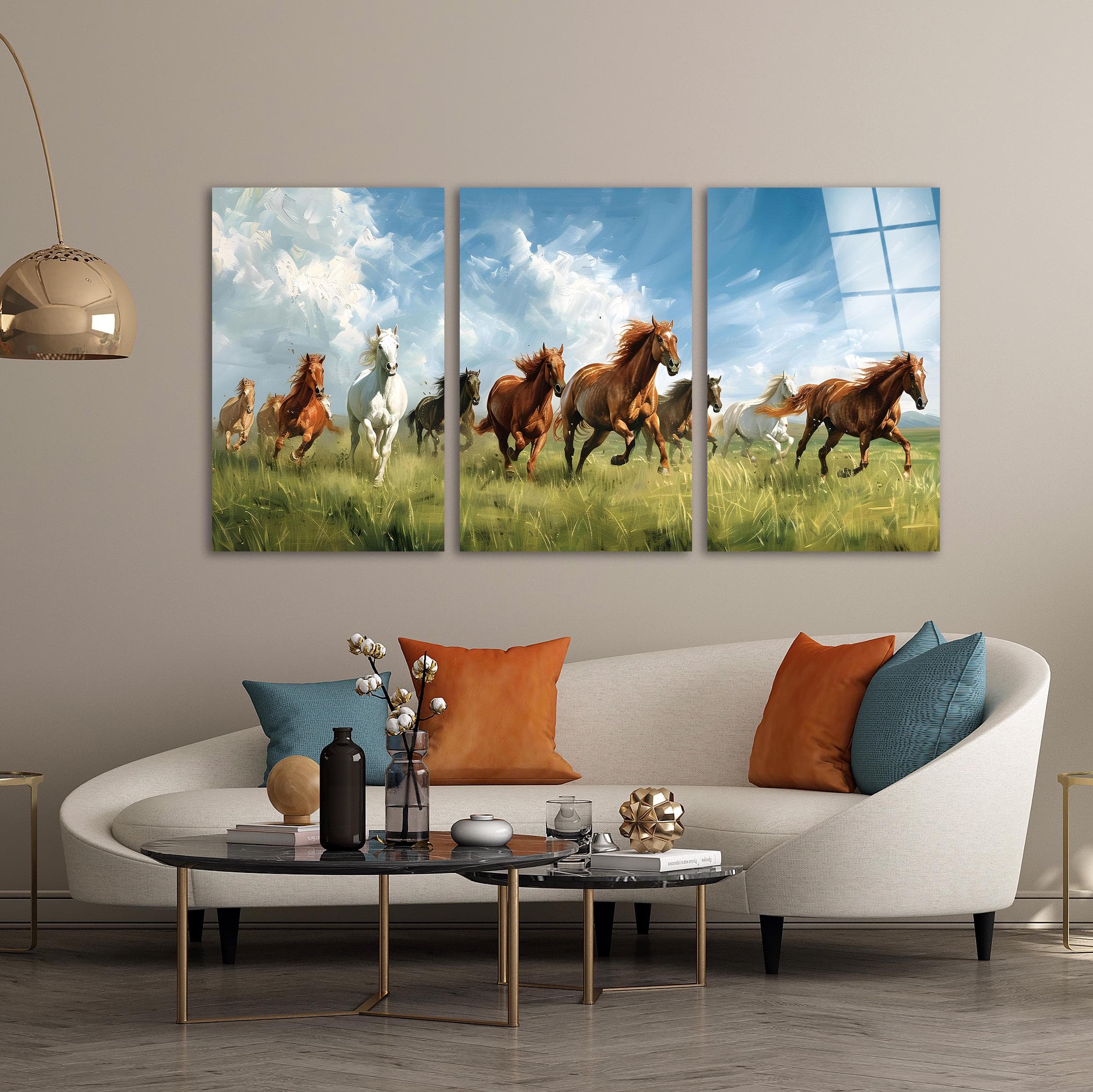 Triple Running Horses Tempered Glass Wall Art, Luxury Wall Art, Living Room Art, Office Wall Art, Anniversary Gifts, Extra Large Wall Art