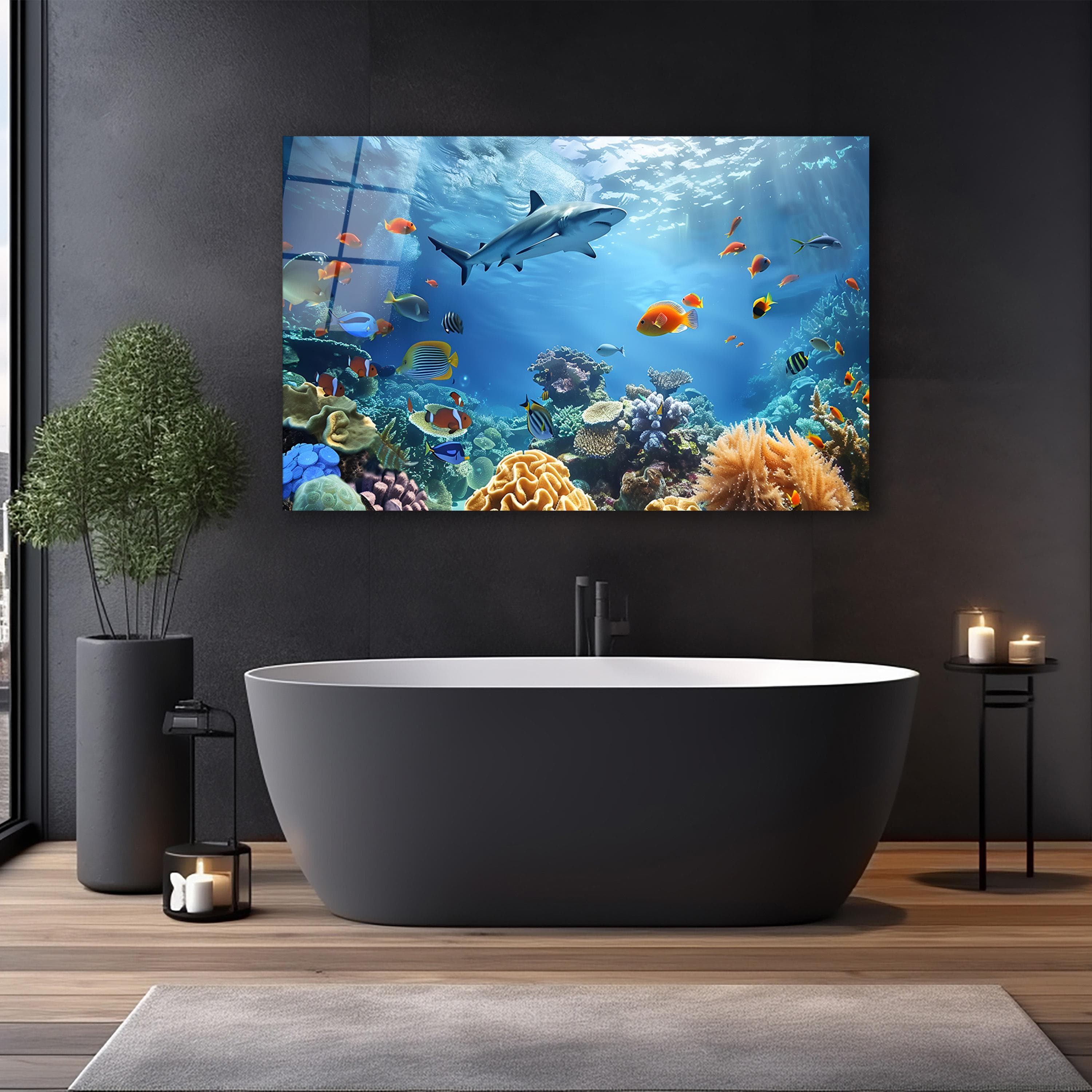 Underwater Coral Reef & Fish Tempered Glass Wall Art, Shark Glass Wall Decor, Living Room Art, Bathroom Decor, New Home Gifts, Glass Print