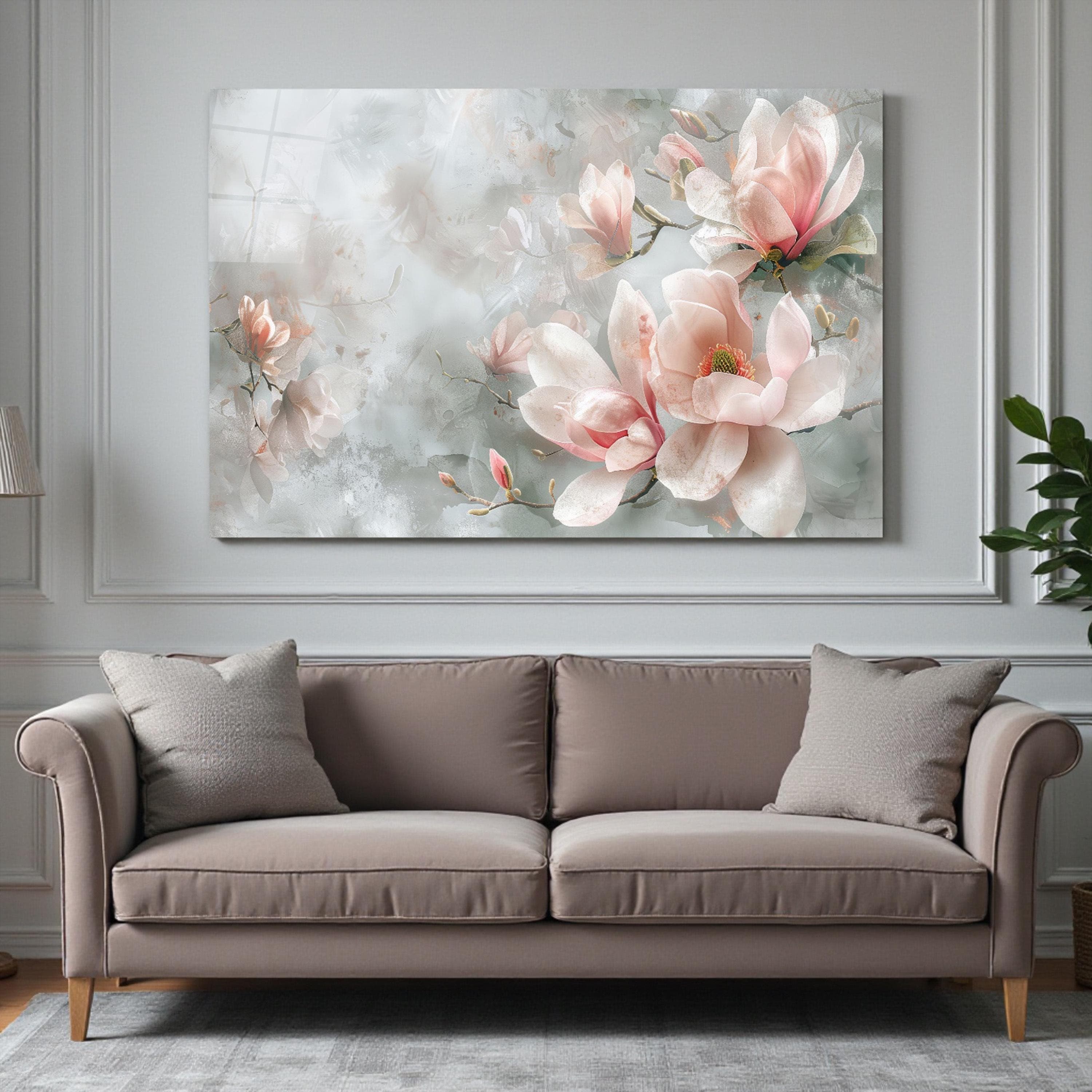 Beautiful Pink Magnolias Glass Wall Art, Elegant Flowers Tempered Glass Decor, Living Room Art, Valentine's Gifts, Wall Hanging, Home Decor