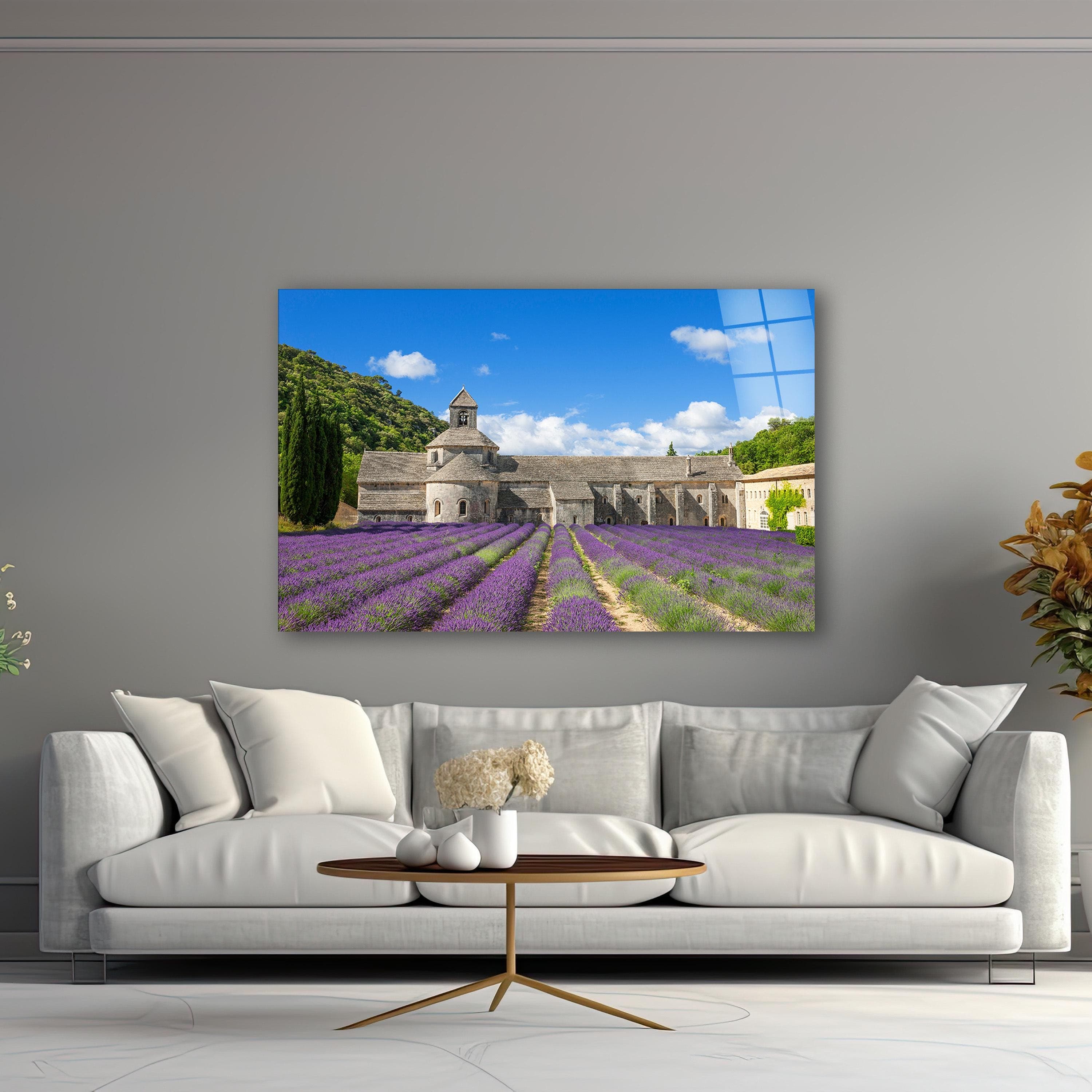 French Lavender Abbey Glass Wall Art, Provence Landscape Tempered Glass Decor, Living Room Art, New Home Gifts, Wall Hangings, Glass Print