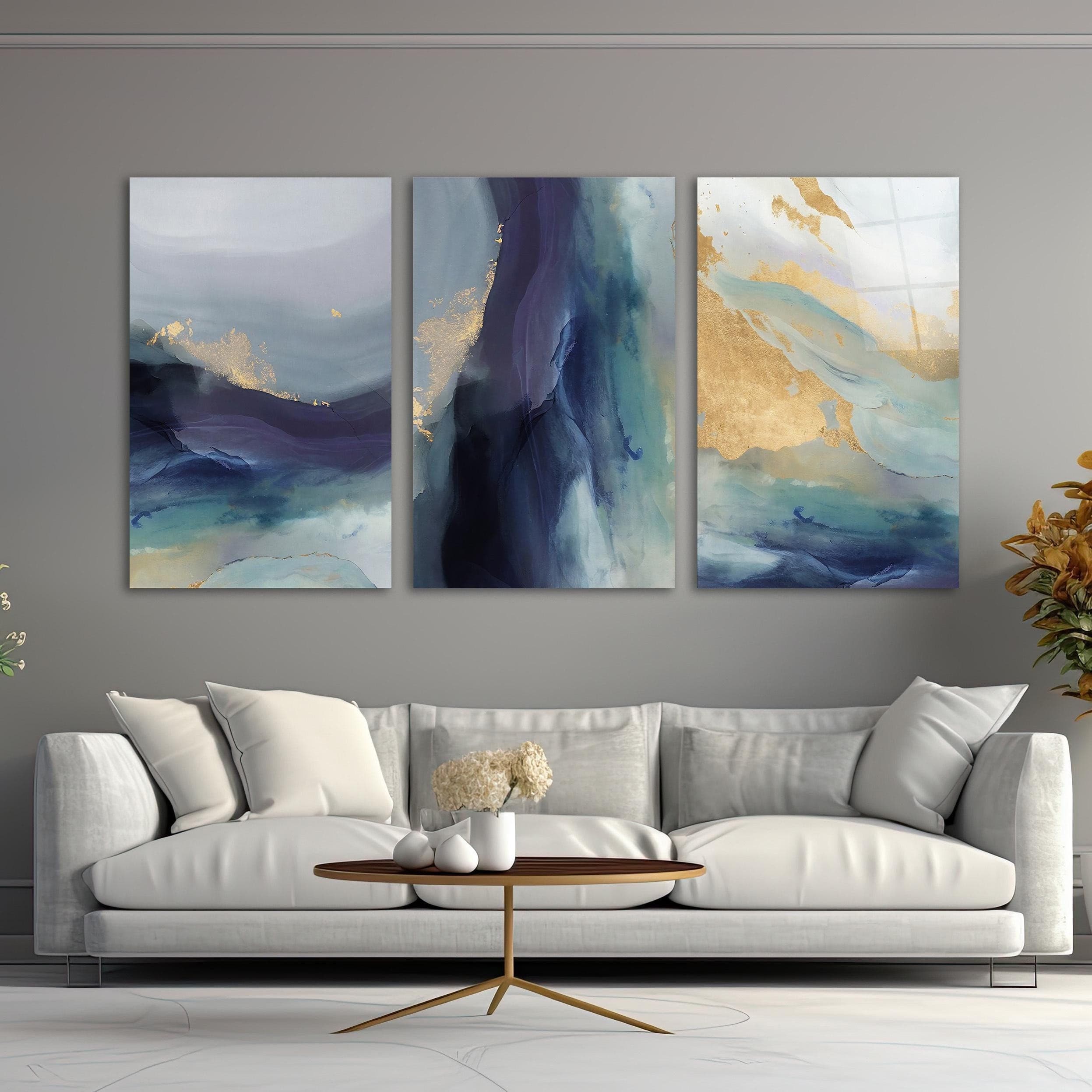 Triptych Abstract Blue Gold Wall Decor, Tempered Glass Triple Modern Wall Art, 3-Panel Wall Decor, Living Room Art, Interior Design Ideas