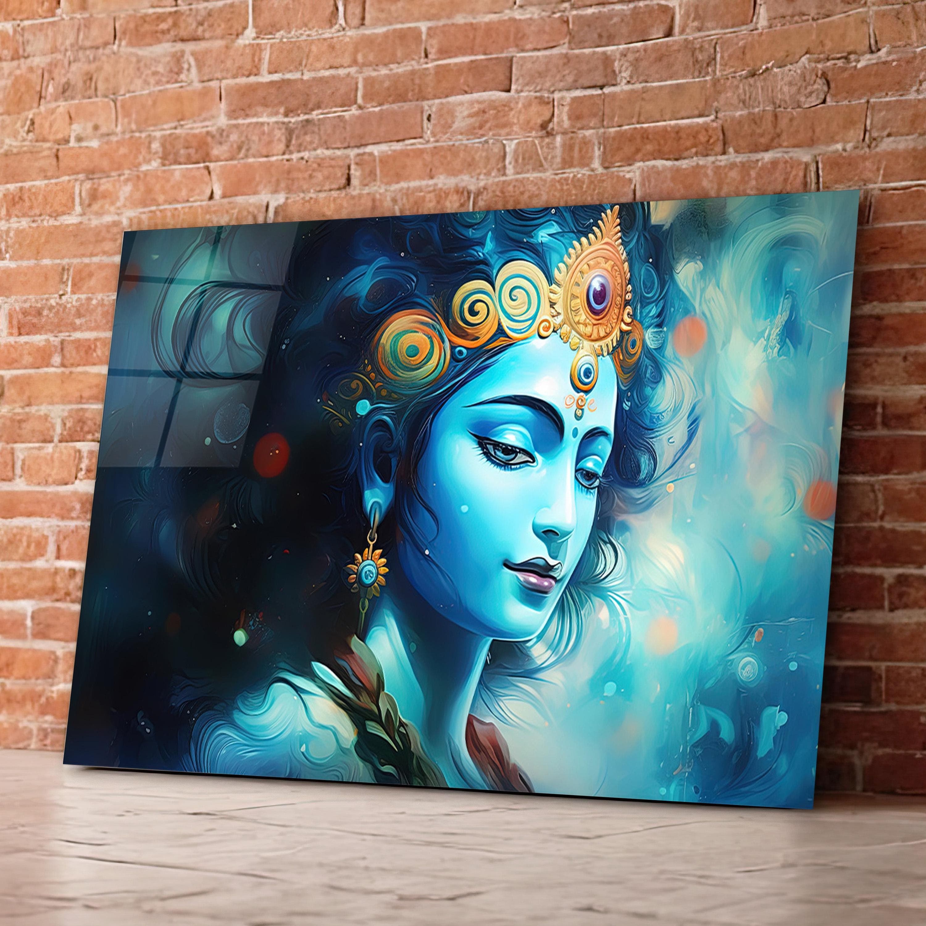 Krishna Glass Wall Art, Hindu Deity Blue Tempered Glass Decor, New Home Gifts, Wedding Gifts, Valentine's Gifts, Wall Hangings, Glass Print