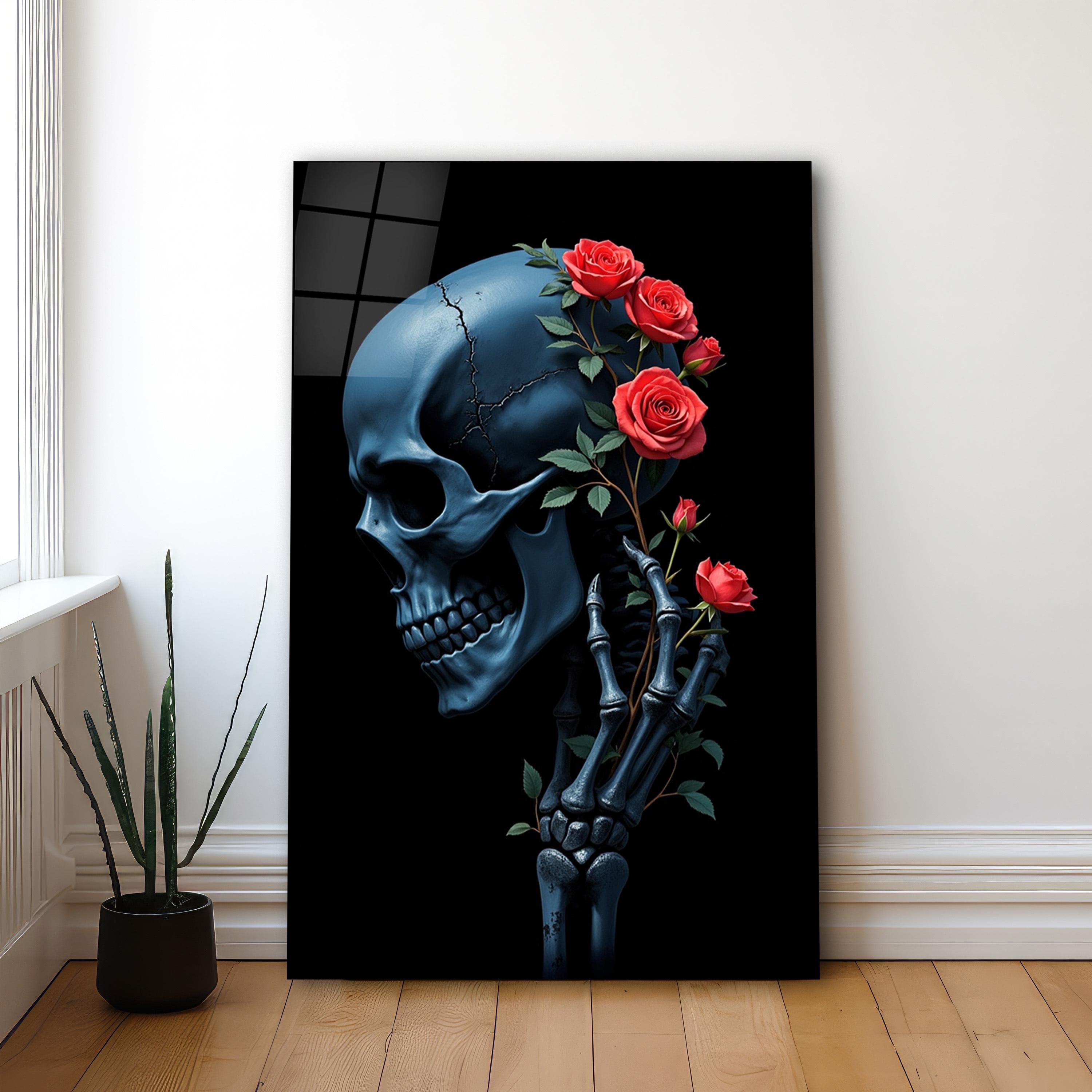 Skeleton and Roses Glass Wall Art, Gothic Tempered Glass Decor, Skull and Rose Wall Decor, Living Room Wall Art, Unique Gifts, Wall Hangings