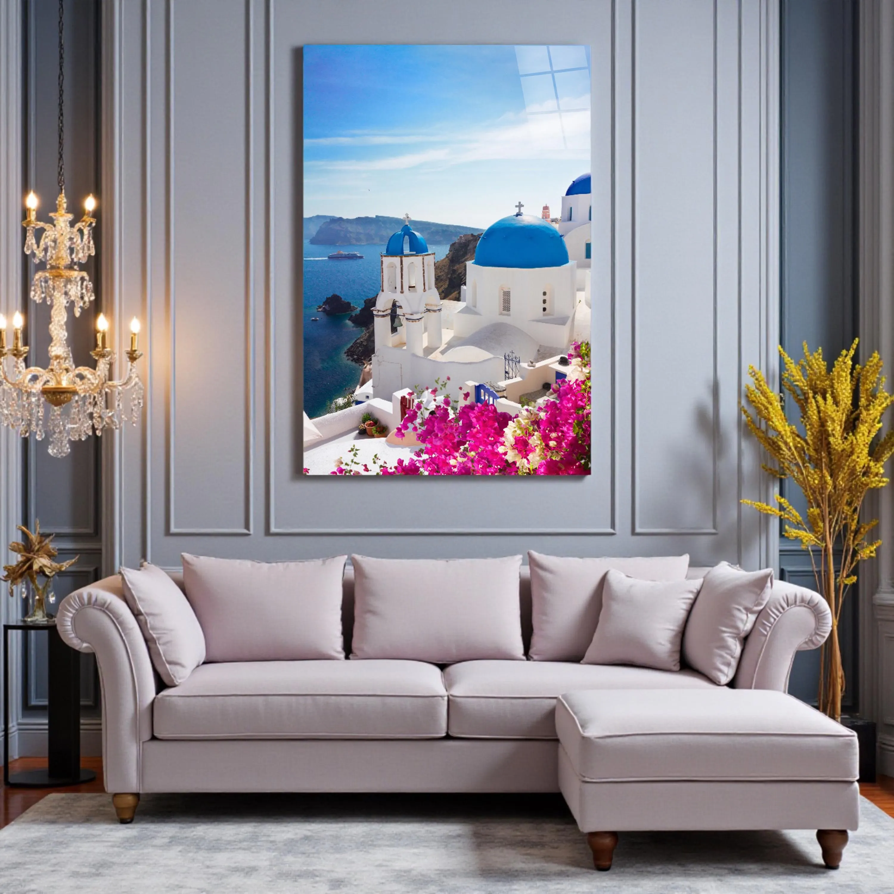 Santorini Greece Glass Wall Art, Greek Island Tempered Glass Decor, Valentine's Gift, Birthday Gifts, Large Wall Art, Interior Design Ideas