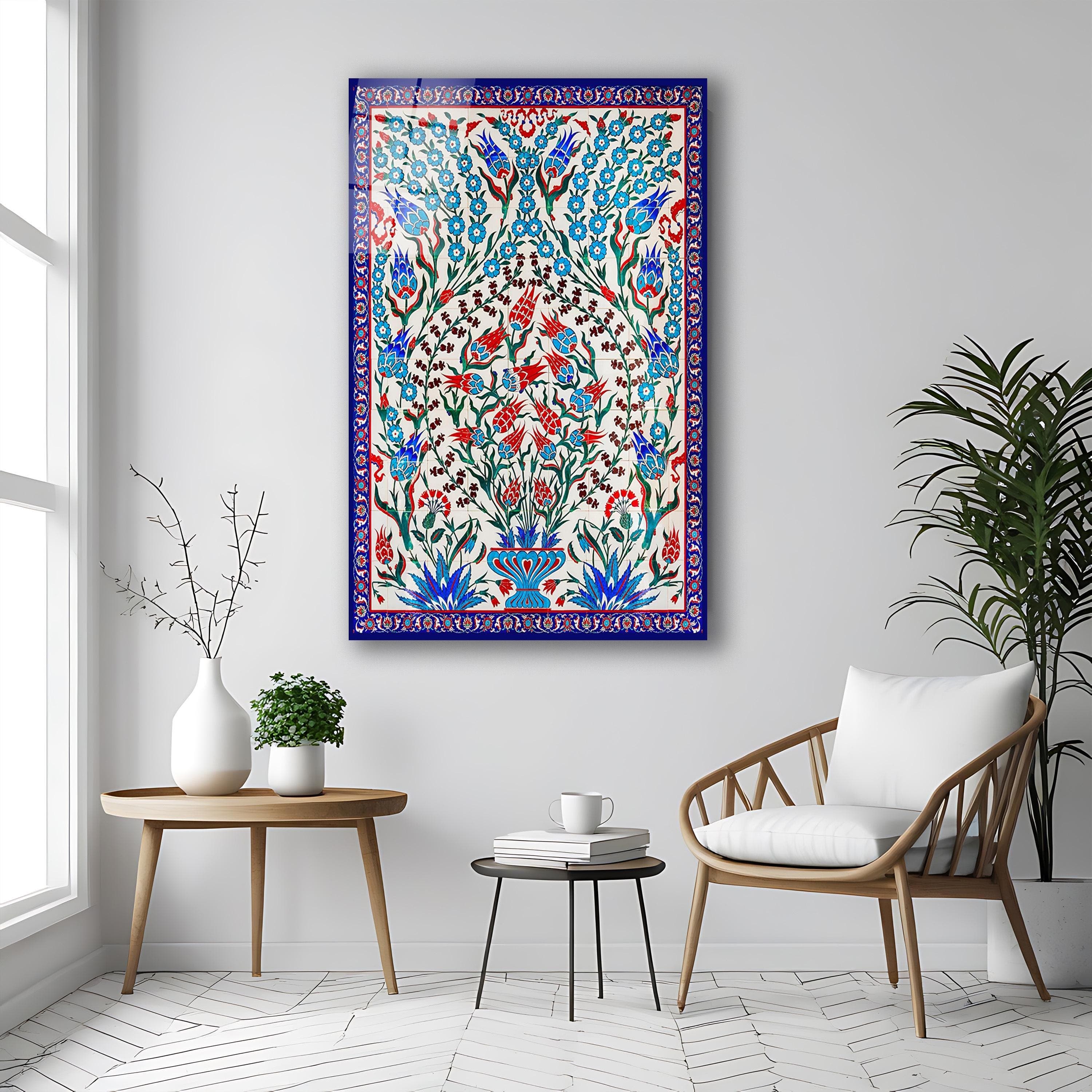 Turkish Iznik Floral Pattern Glass Wall Art, Traditional Islamic Tile Tempered Glass, Ottoman Tile Decor, Anniversary Gifts, Glass Print