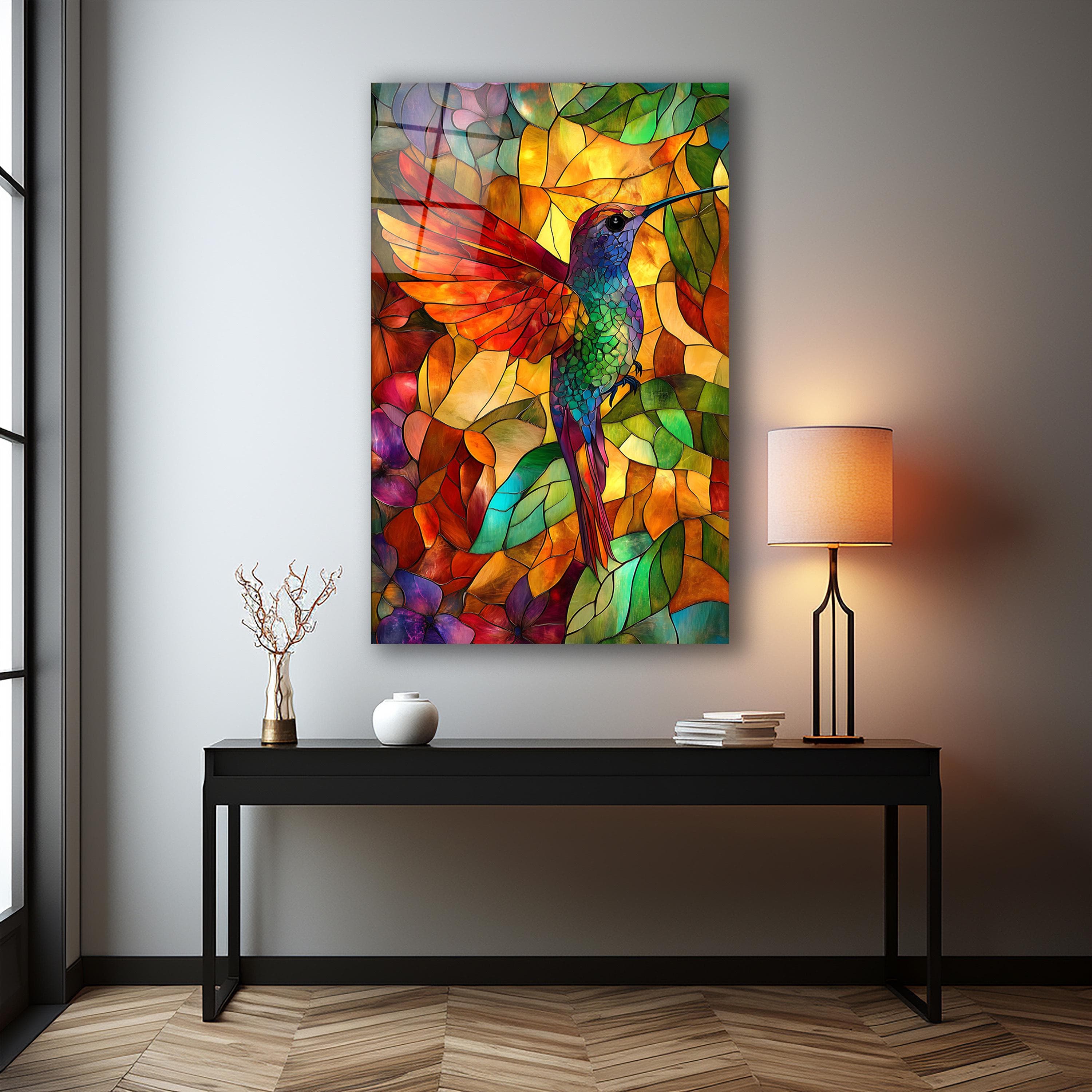 Stained Glass Effect Hummingbird Wall Art, Tempered Glass Colorful Bird Wall Decor, Floral Glass Wall Art, Housewarming Gifts, Wall Hangings
