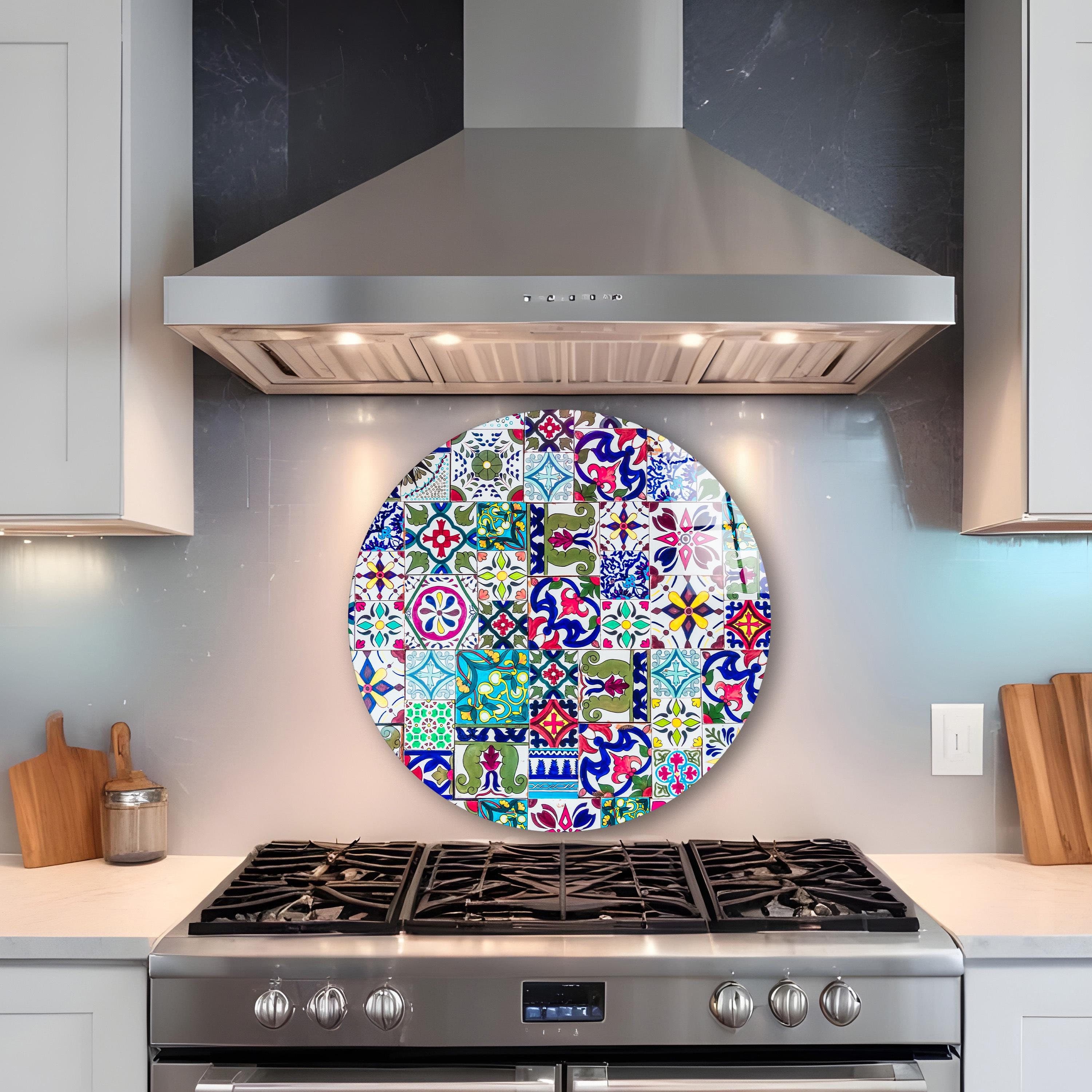 Mediterranean Tile Backsplash, Colorful Kitchen Wall Art, Arabian Tile Tempered Glass Decor, Housewarming Gifts, Unique Gifts, Glass Print
