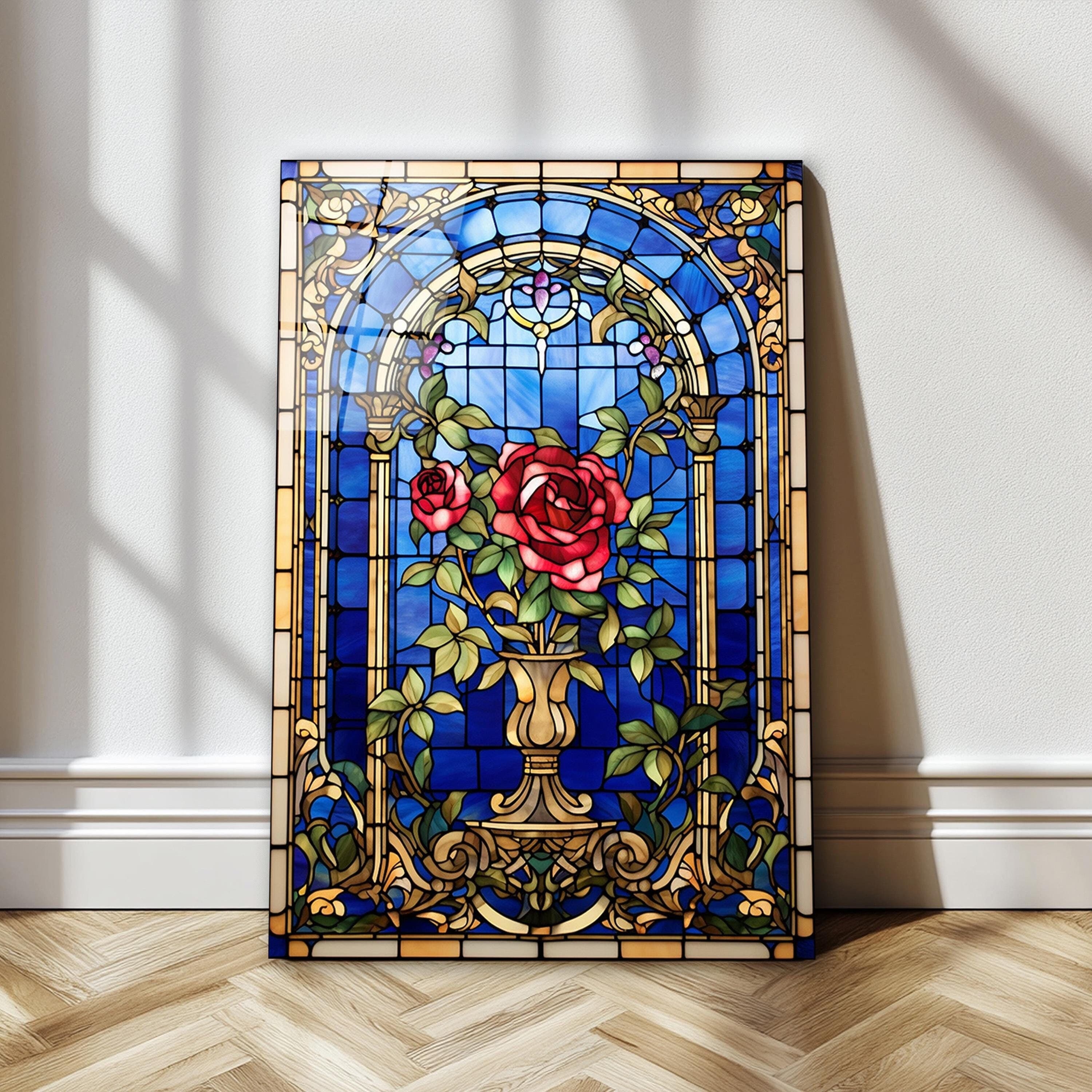 Stained Glass Effect Red Roses Wall Art, Tempered Glass Rose Wall Decor, Elegant Art, New Home Gifts, Wall Hangings, Home Decoration