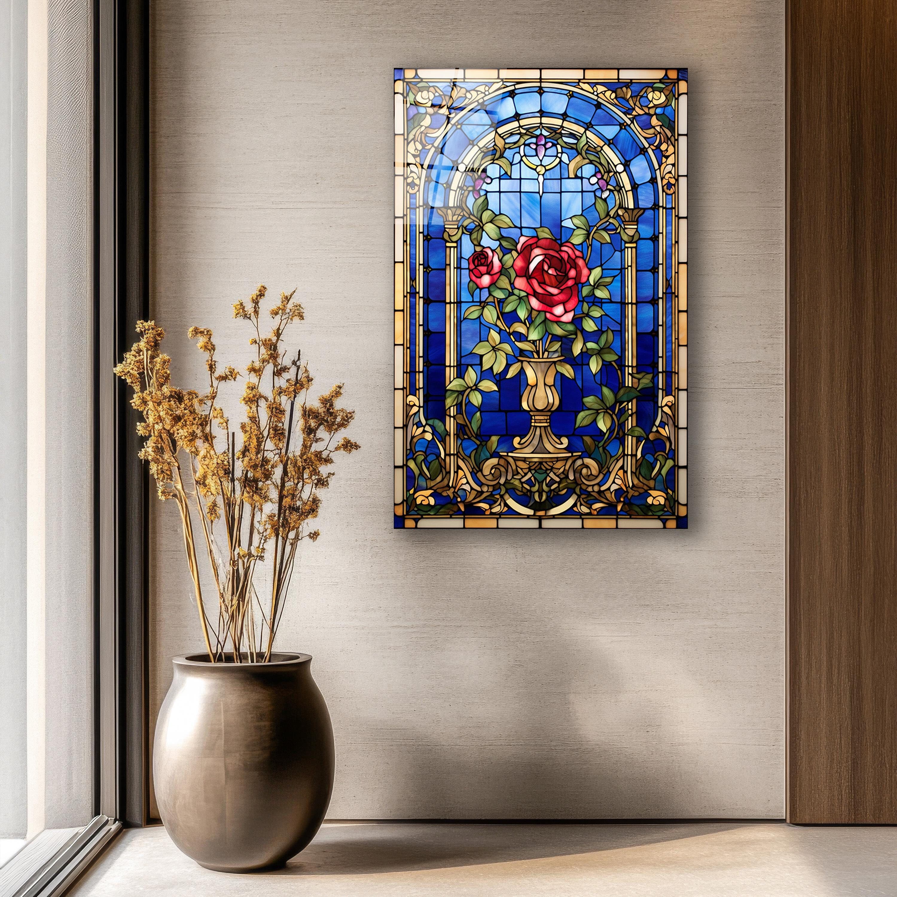 Stained Glass Red Roses Wall Art, Tempered Glass Rose Wall Decor, Elegant Wall Art, New Home Gifts, Christmas Gift, Wall Hanging, Home Decor