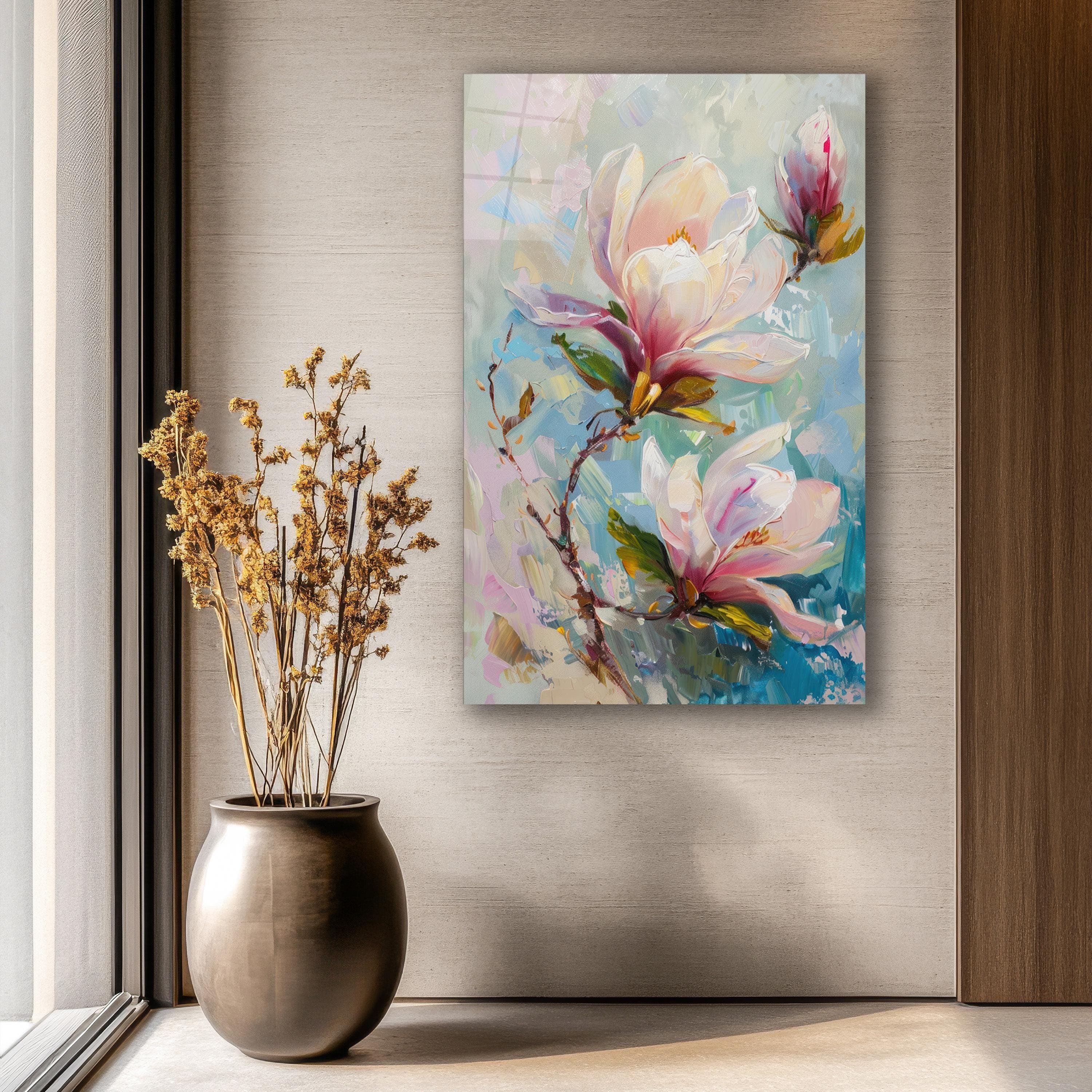 Magnolia Painting Glass Wall Art, Elegant Flowers Tempered Glass Decor, Floral Glass Print, Living Room Art, Mother's Day Gift, Wall Hanging, Stunning Magnolia Flowers Glass Painting, Elegant Tempered Glass Floral Wall Decor, Beautiful and Vibrant Floral Glass Print for Living Room or Bedroom, Perfect Mother's Day Gift, Timeless and Sophisticated Floral Wall Hanging, Nature-Inspired Art for Modern Interiors, Elegant Glass Artwork to Add a Touch of Freshness to Your Space, Gift for Flower Lovers