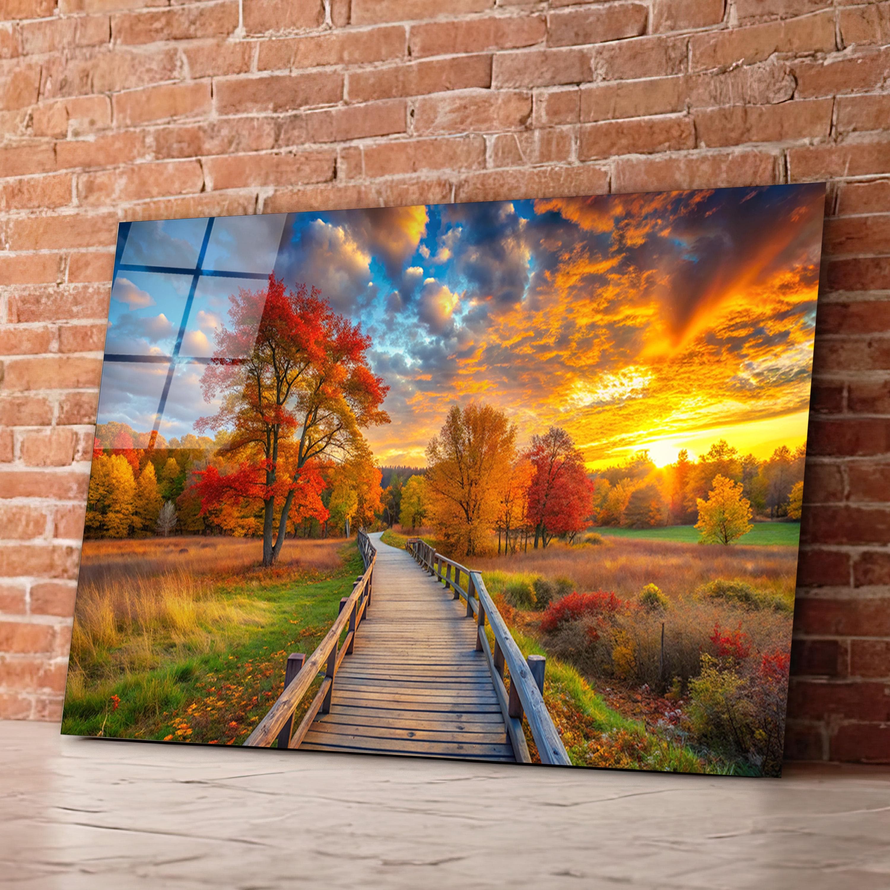 Fall Landscape Glass Wall Art, Autumn Pathway Tempered Glass Decor, Sunset Glass Print, Living Room Art, New Home Gifts, Anniversary Gifts