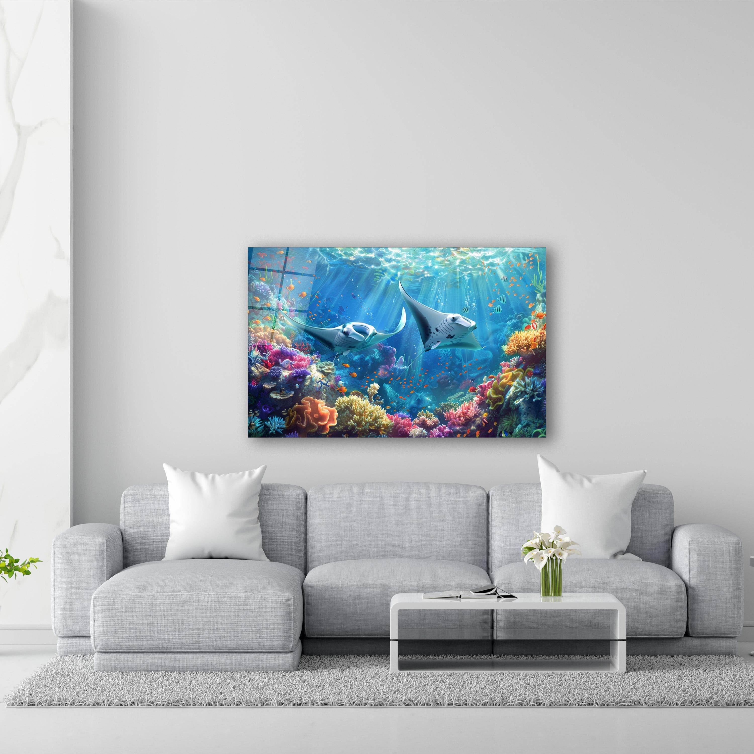 Mantis Ray & Fish Glass Wall Art, Aquarium Coral Reef Tempered Glass Decor, Living Room Art, New Home Gifts, Christmas Gifts, Wall Hangings