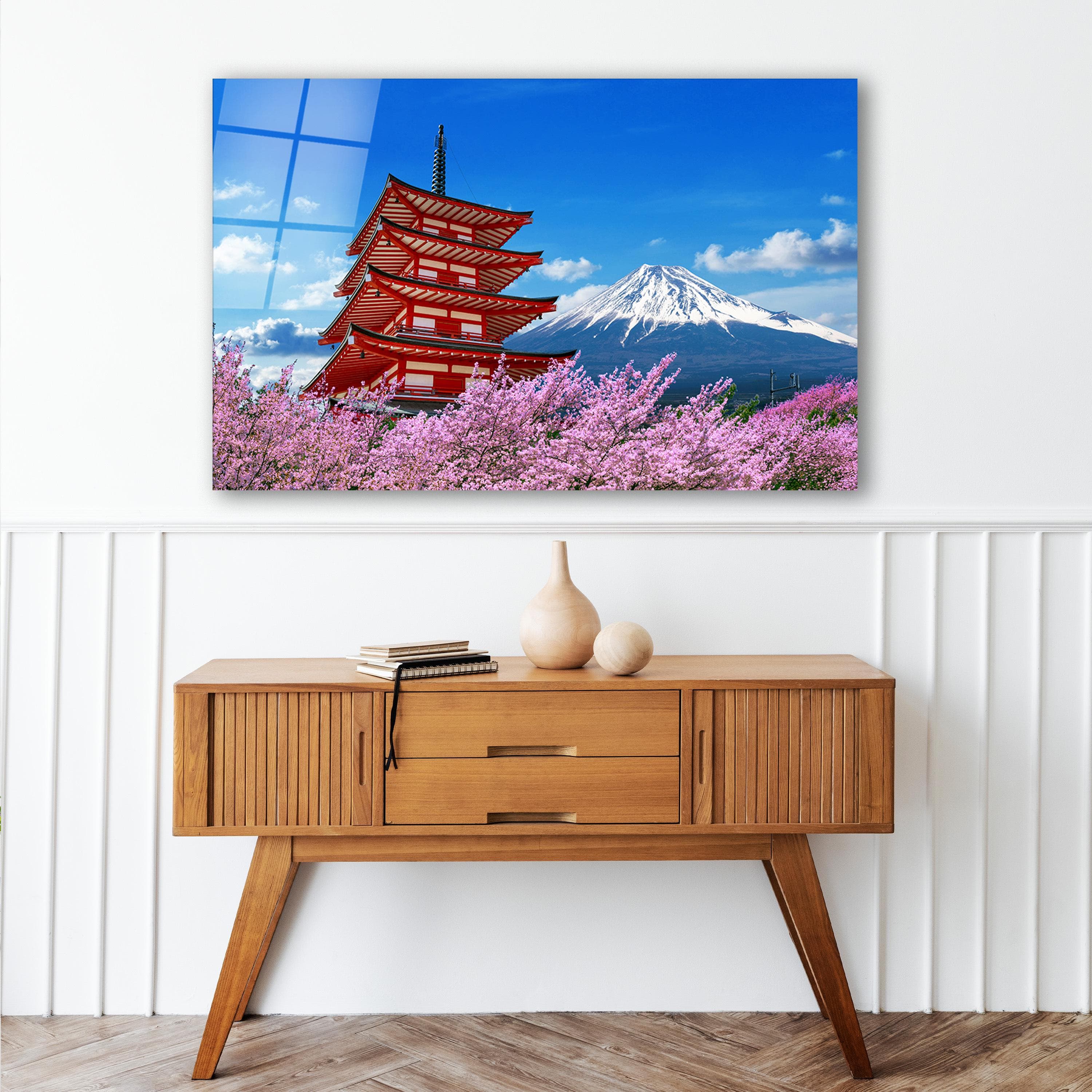 Cherry Blossom Glass Wall Art, Japanese Pagoda and Mount Fuji Wall Decor, Scenic View Wall Art, New Home Gifts, Unique Gifts, Wall Hangings