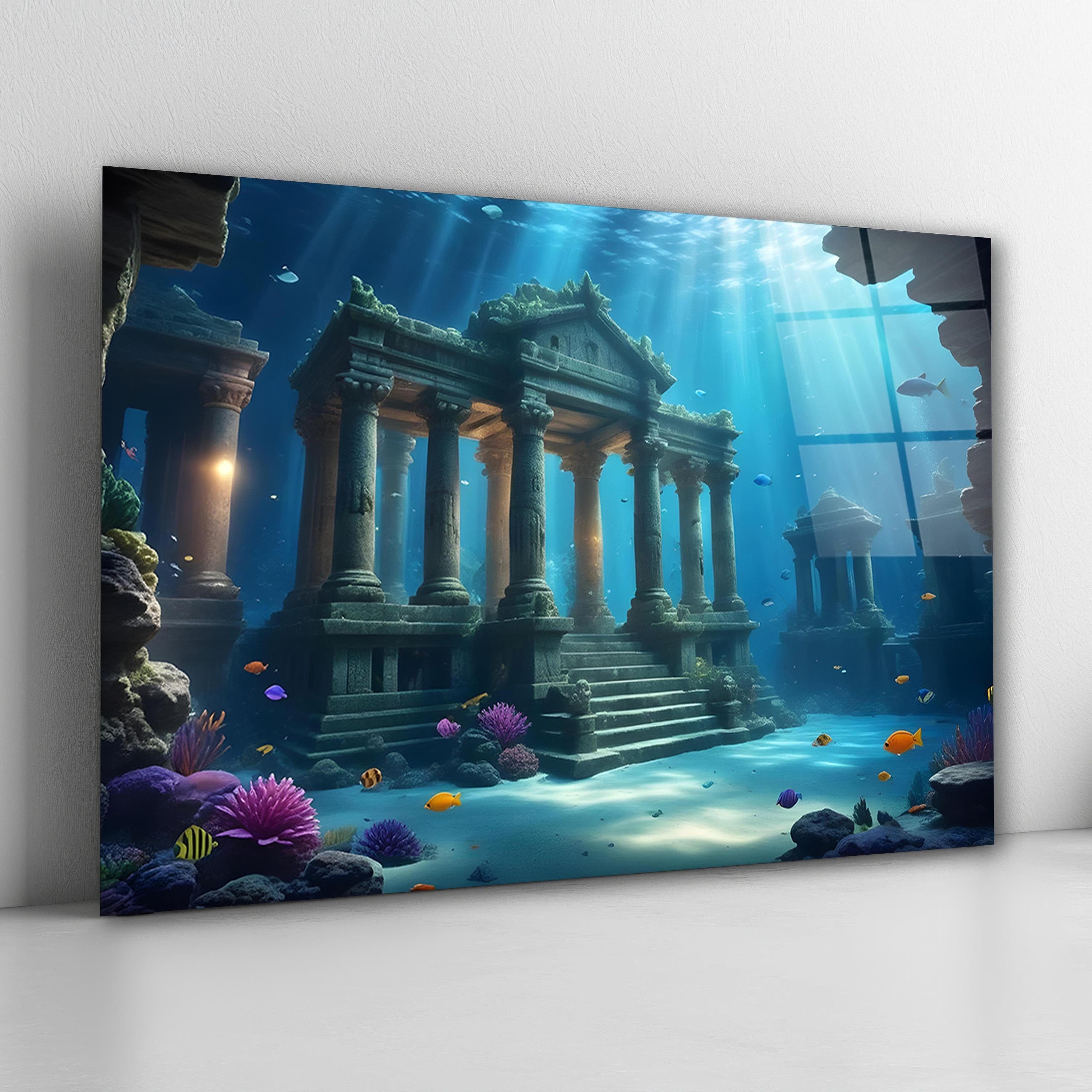 Sunken Temple Glass Wall Art, Underwater Ruins Tempered Glass Decor, Atlantis-Inspired Ocean Wall Art, Housewarming Gifts, Wall Hangings