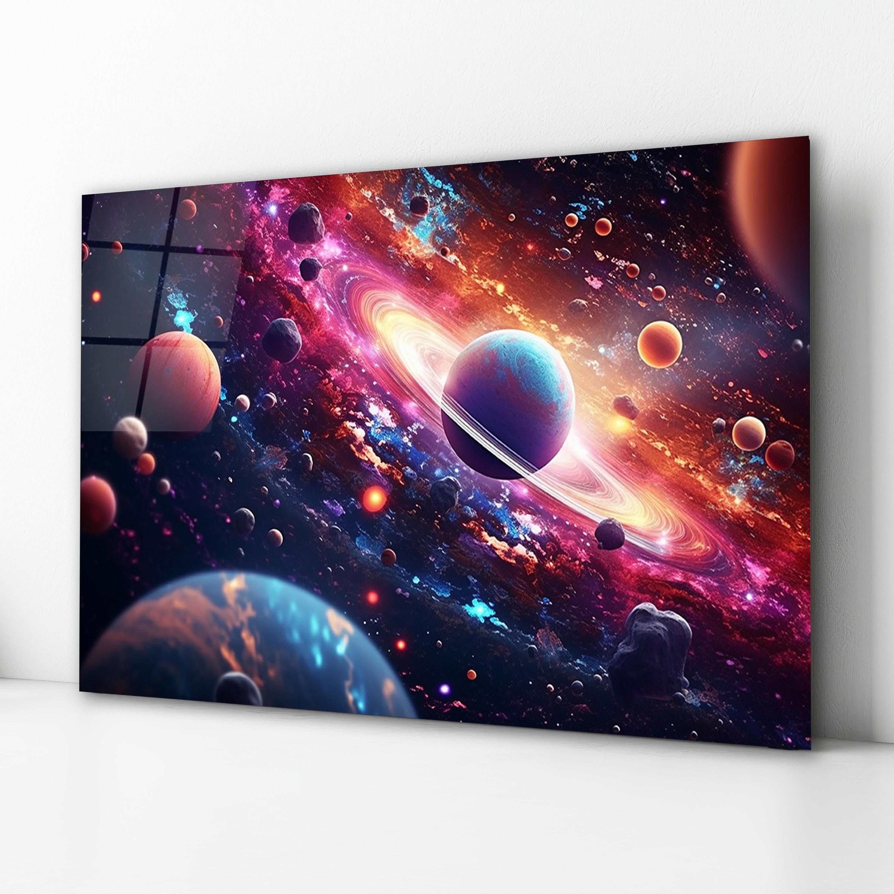 Cosmic Space Galaxy Glass Wall Art, Planets Tempered Glass Wall Decor, New Home Gifts, Living Room Art, Wall Hangings, Home Decor