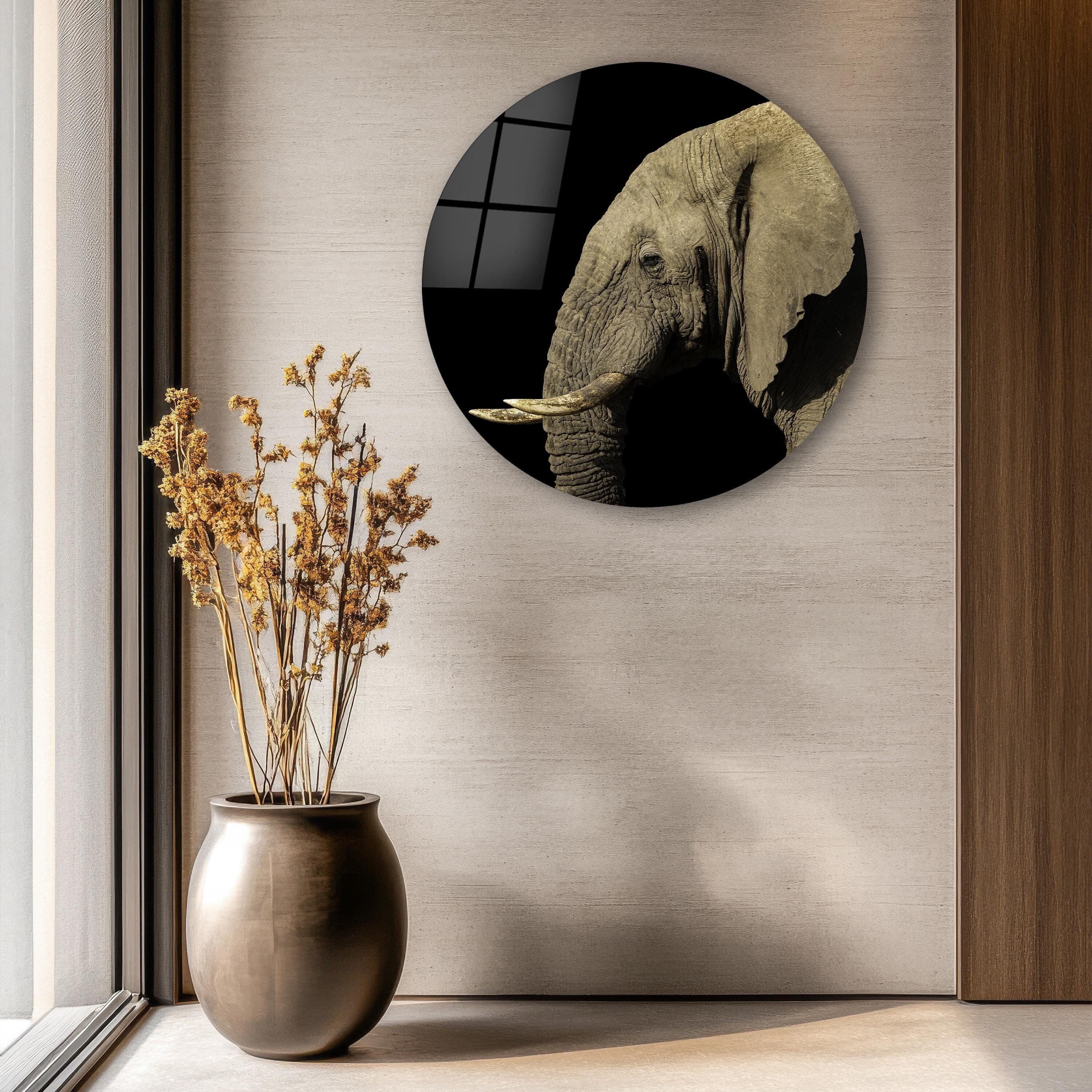 Round Elephant Glass Wall Art, Circle Elephant Tempered Glass Wall Decor, Animal Wall Art, Office Wall Decor, New Home Gifts, Wall Hangings