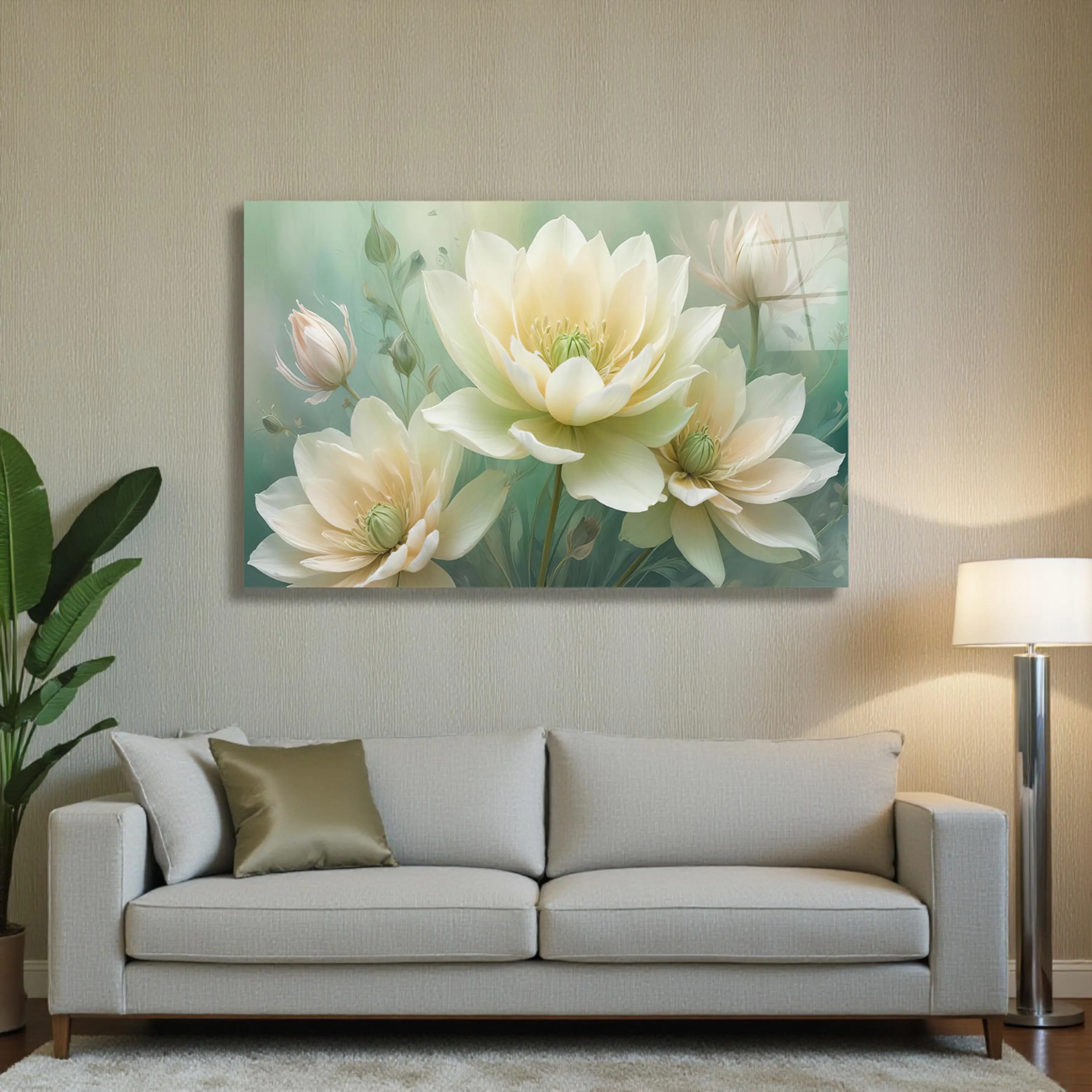 Delicate White Flowers Glass Wall Art, Elegant Floral Tempered Glass Decor, Living Room Art, Luxury Decor, Wall Hangings, Valentine's Gift