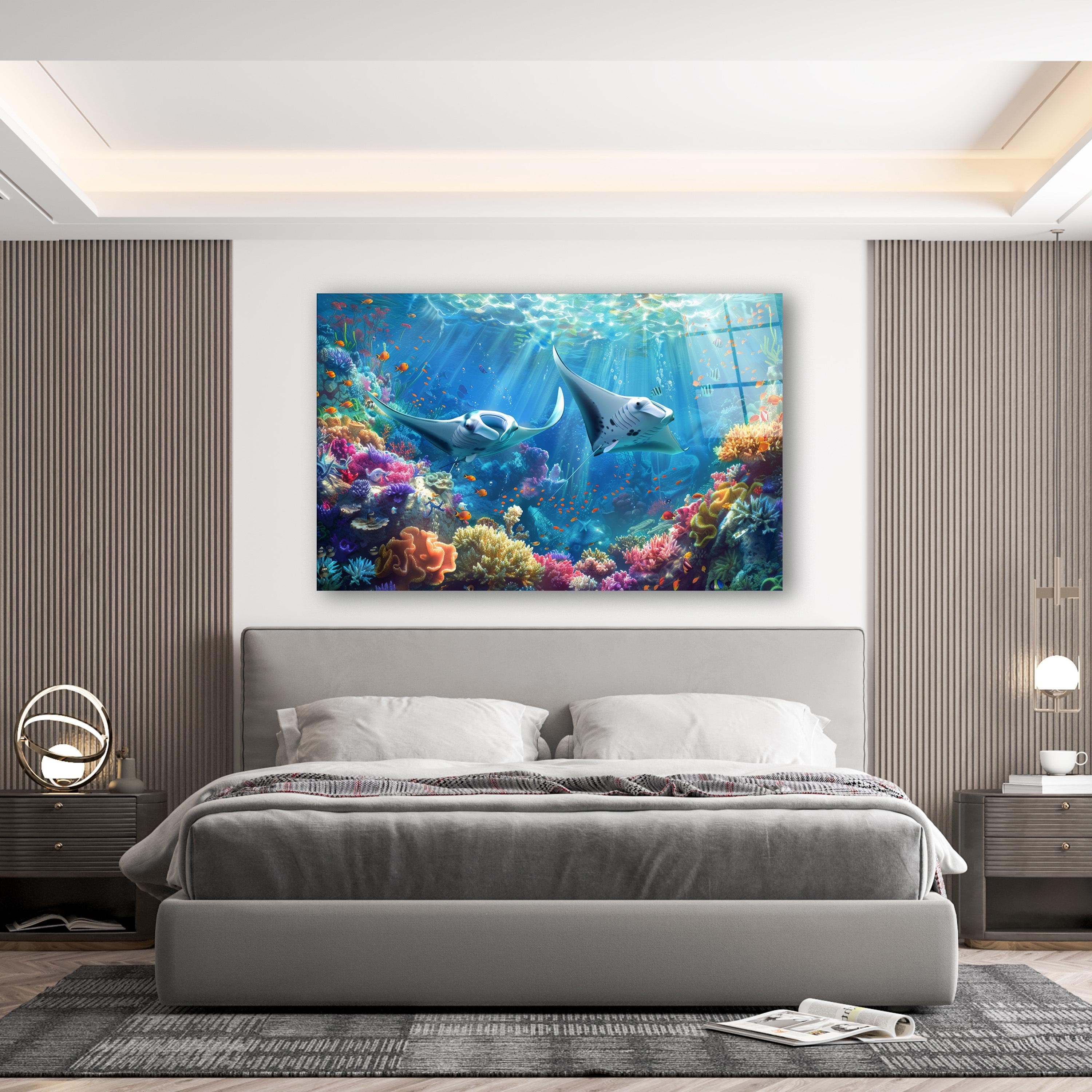 Mantis Ray & Fish Glass Wall Art, Aquarium Coral Reef Tempered Glass Decor, Living Room Art, New Home Gifts, Christmas Gifts, Wall Hangings