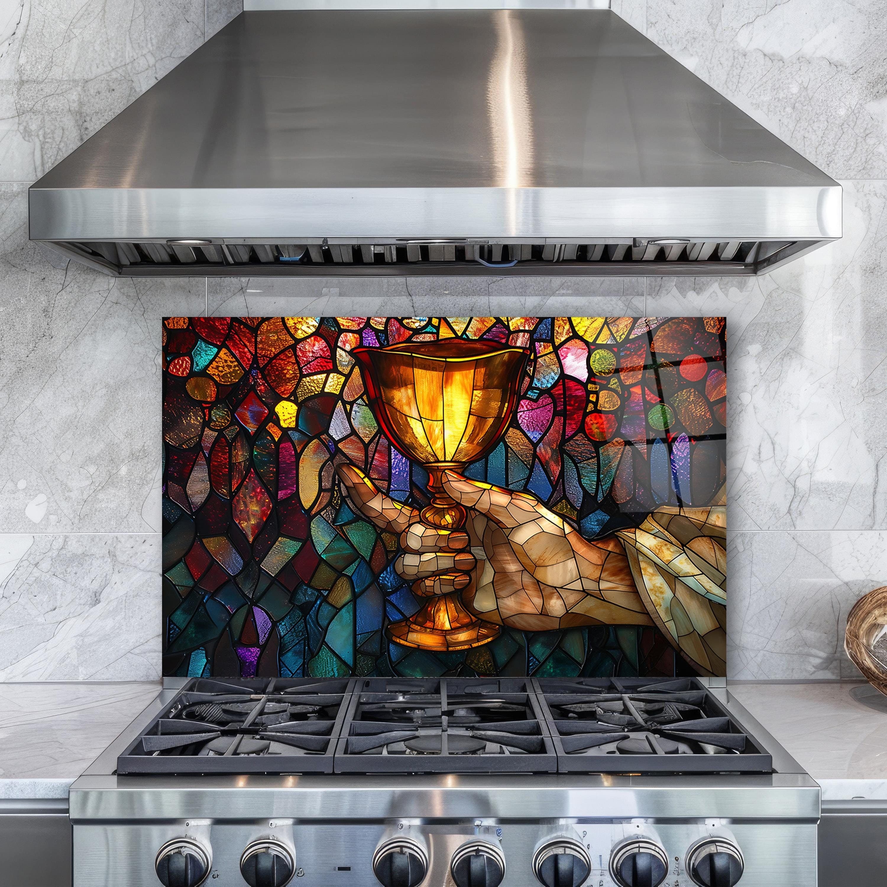 Stained Glass Goblet Backsplash, Holy Communion Tempered Glass Wall Art, Kitchen Splashback, Dining Room Decor, Christian Kitchen Decor