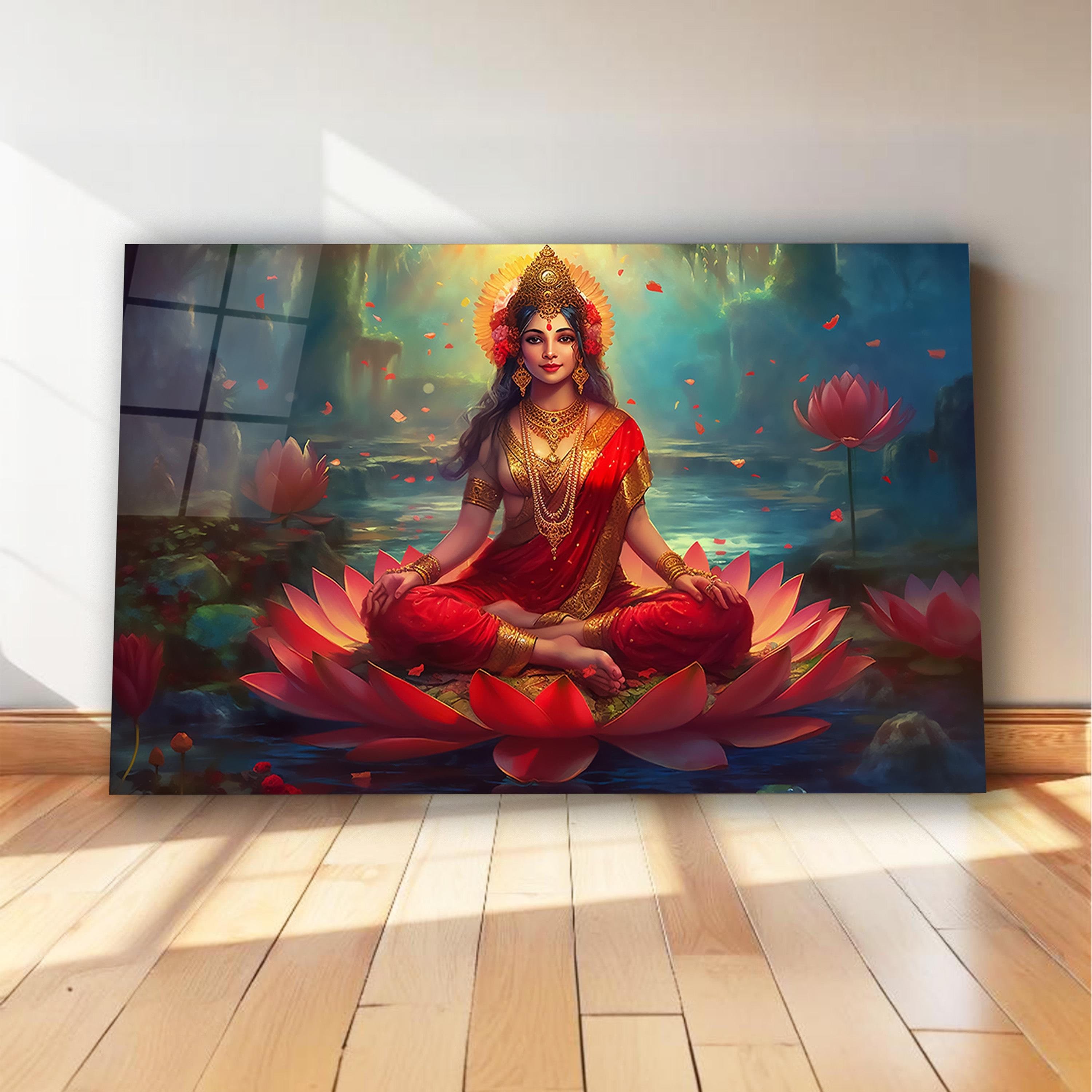 Hindu Goddess Glass Wall Art, Lakshmi Tempered Glass Wall Decor, Good Fortune Wall Art, Valentine's Gifts, Living Room Decor, Wall Hangings