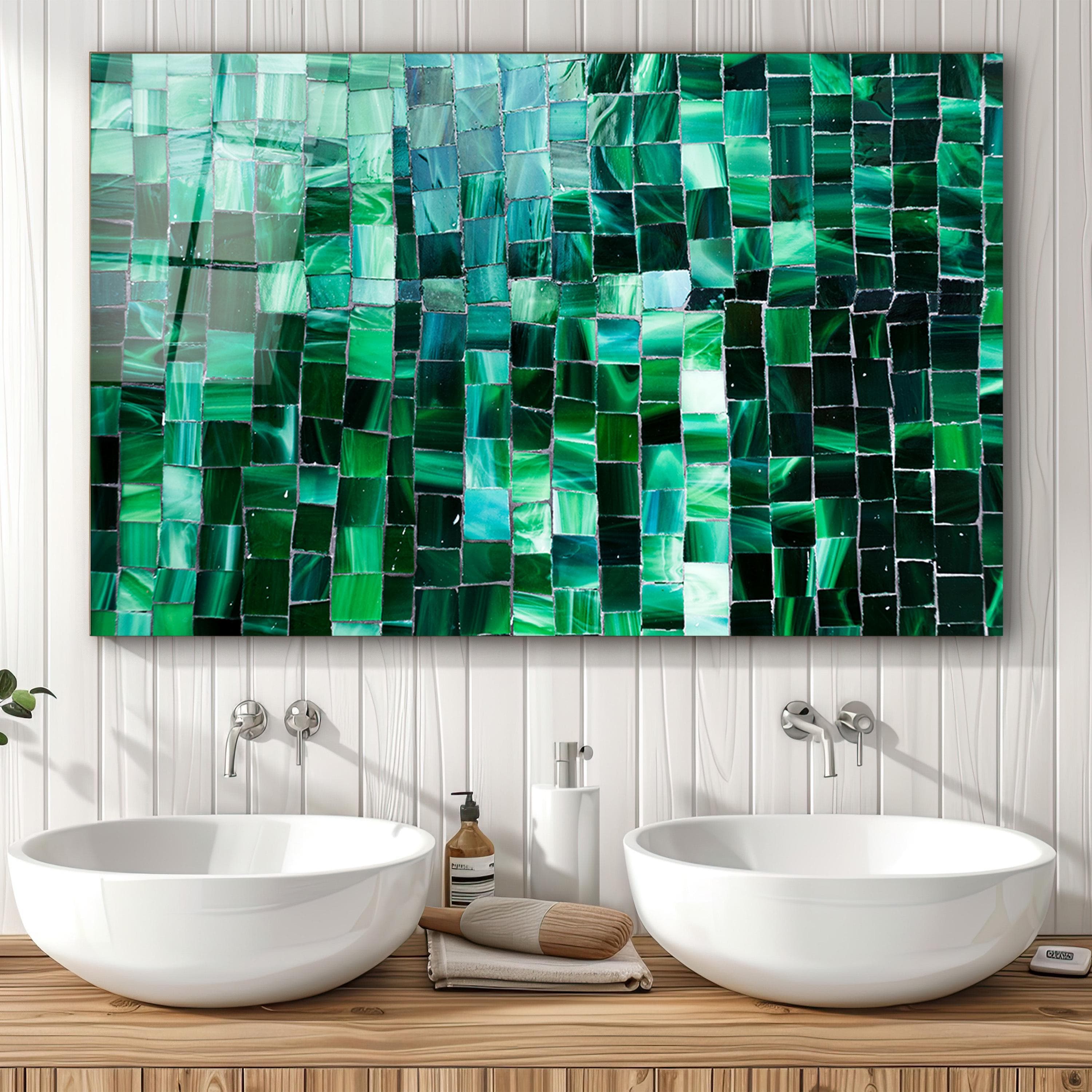 Green Mosaic Tempered Glass Backsplash, Emerald Bathroom Backsplash, Sink Splashback Panel, Glass Sink Backsplash, Bathroom Wall Decor, Wall Hanging