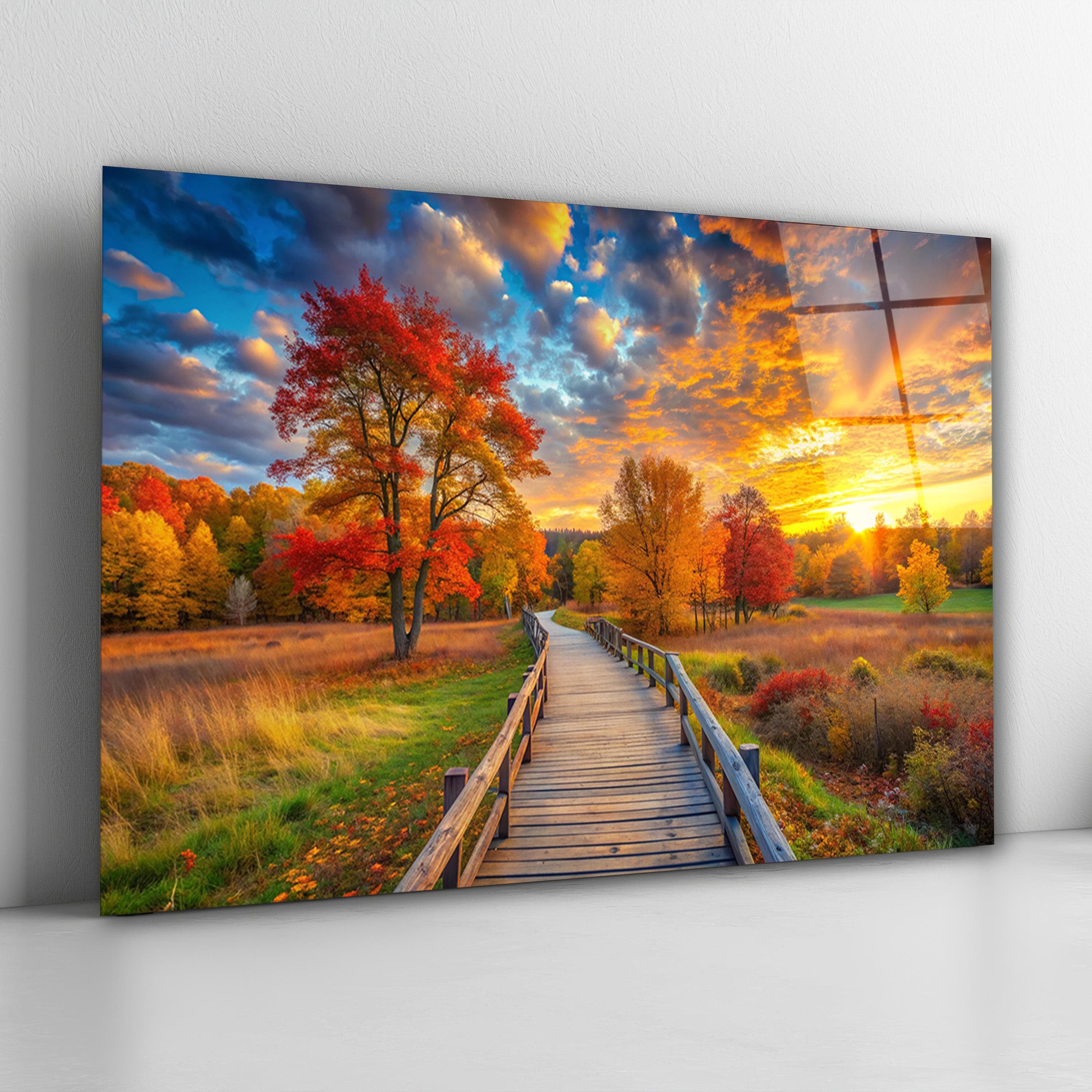 Fall Landscape Glass Wall Art, Autumn Pathway Tempered Glass Decor, Sunset Glass Print, Living Room Art, New Home Gifts, Anniversary Gifts