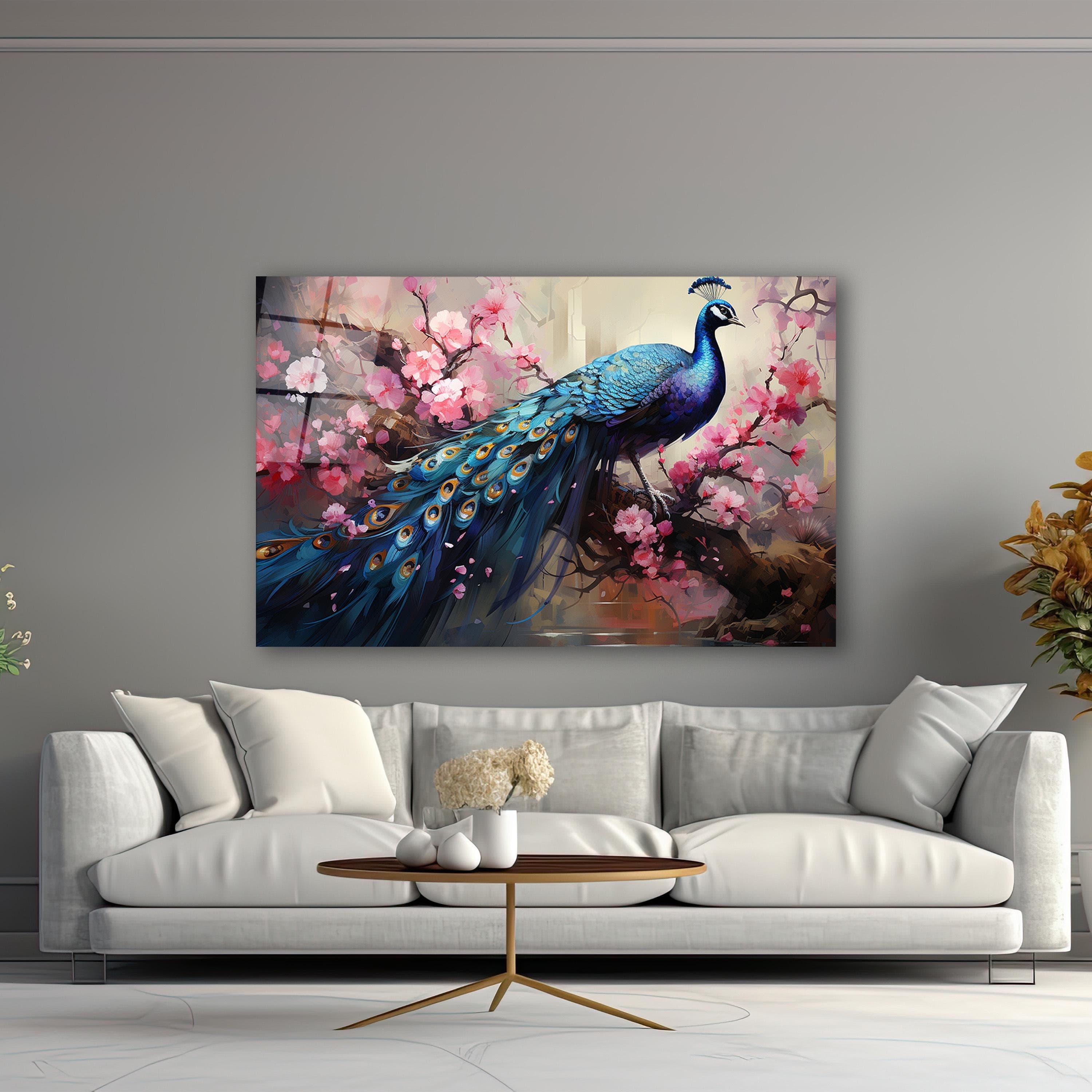 Peacock and Pink Flowers Painting Glass Wall Art, Elegant Peacock Tempered Glass Decor, Living Room Art, New Home Gifts, Anniversary Gifts