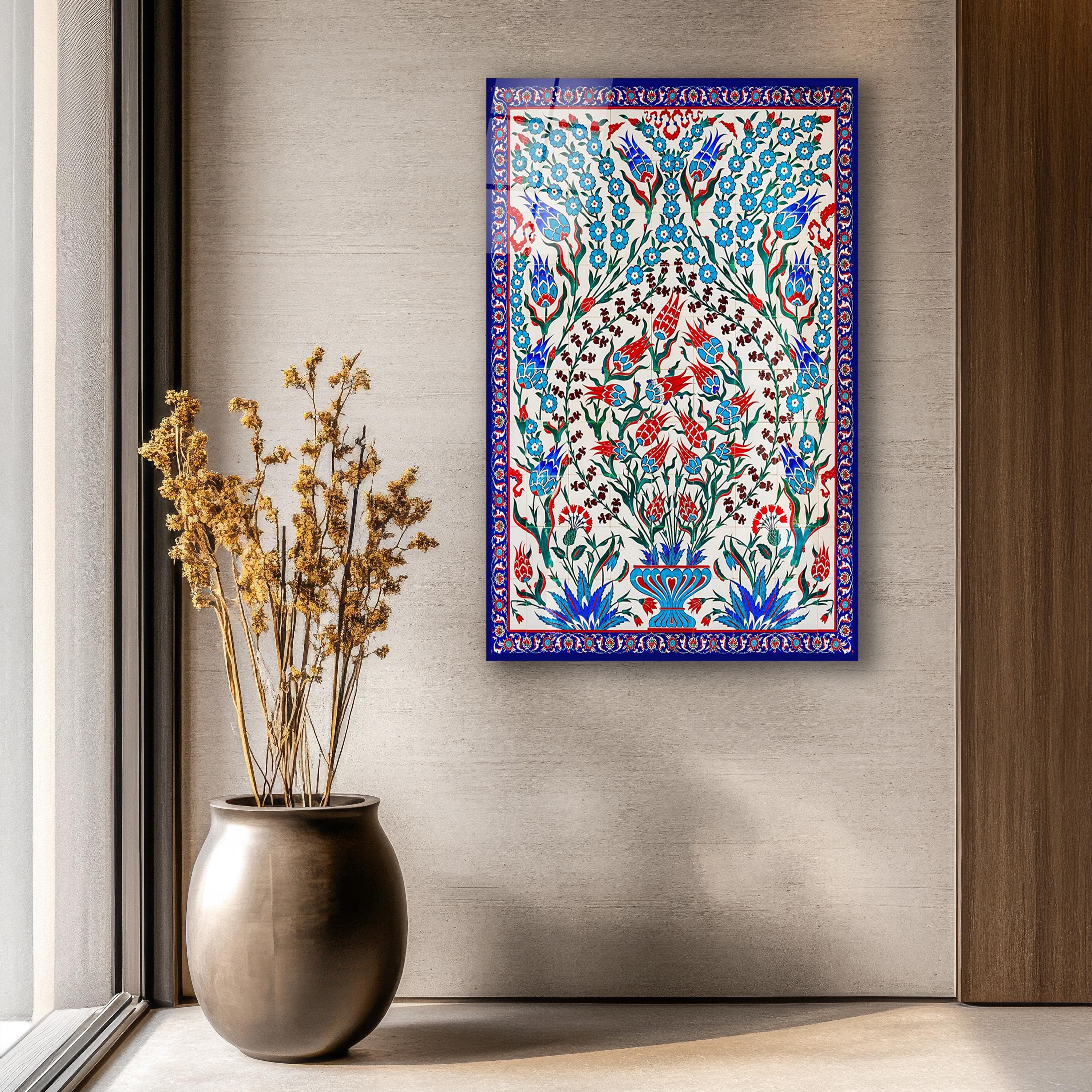 Turkish Iznik Floral Pattern Glass Wall Art, Traditional Islamic Tile Tempered Glass, Ottoman Tile Decor, Anniversary Gifts, Glass Print