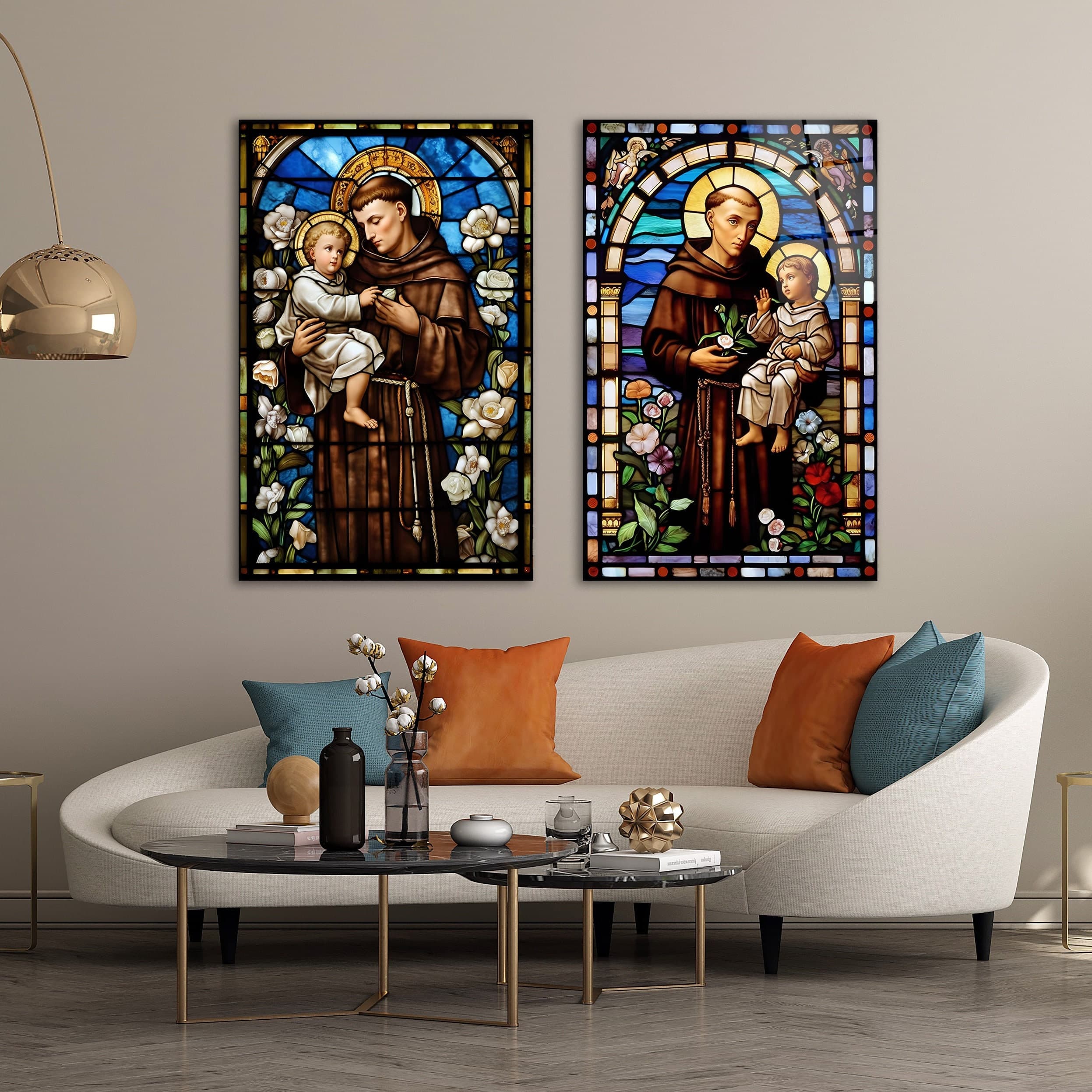 Saint Anthony of Padua Two Piece Glass Wall Art, Catholic Christian Tempered Glass Decor, Double Wall Art, New Home Gifts, Living Room Art