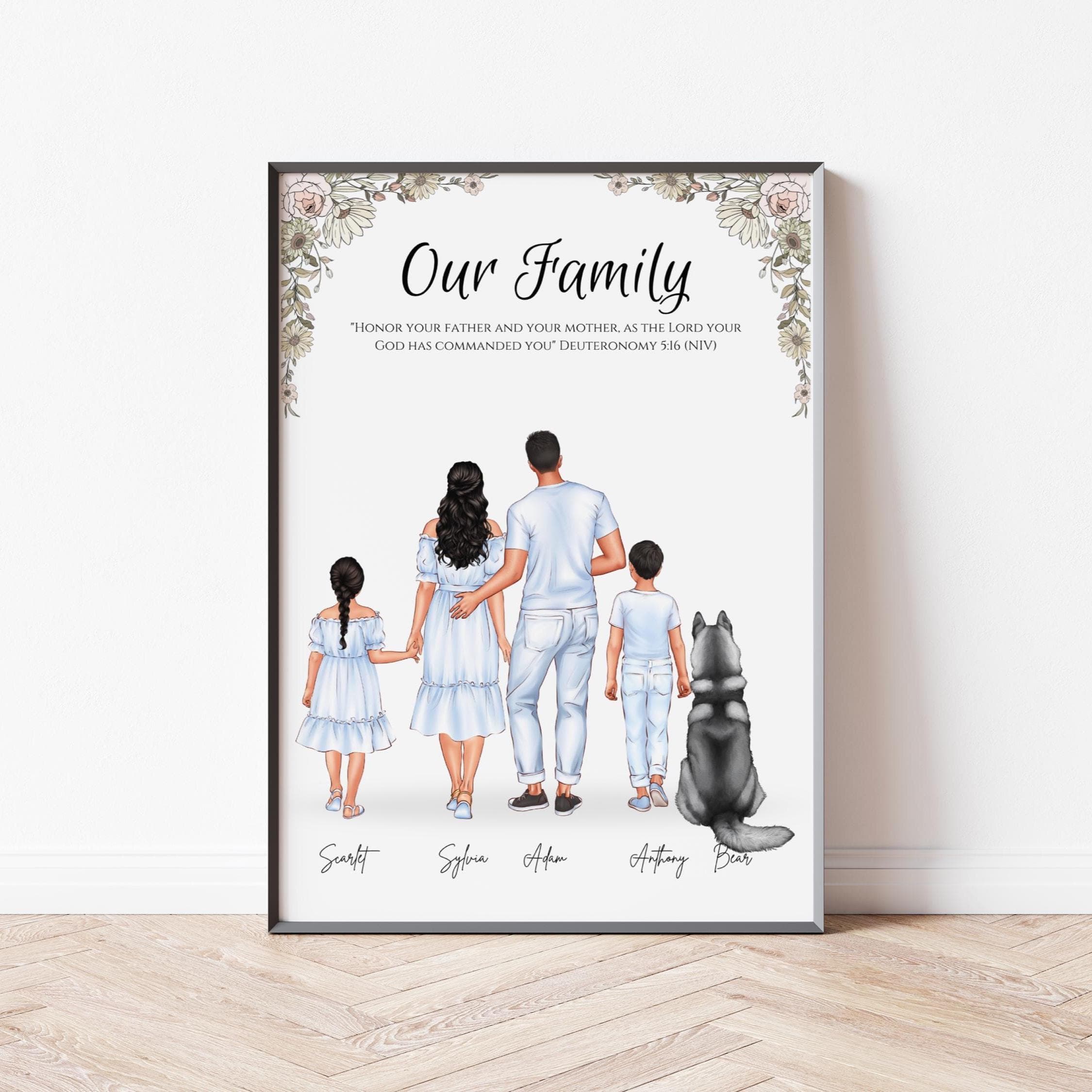 Our Family with Pet Print Personalised Family Portrait With Dog Mum Dad Kids Gift Dog Cat Illustration Art Christmas Gift for Parents Print