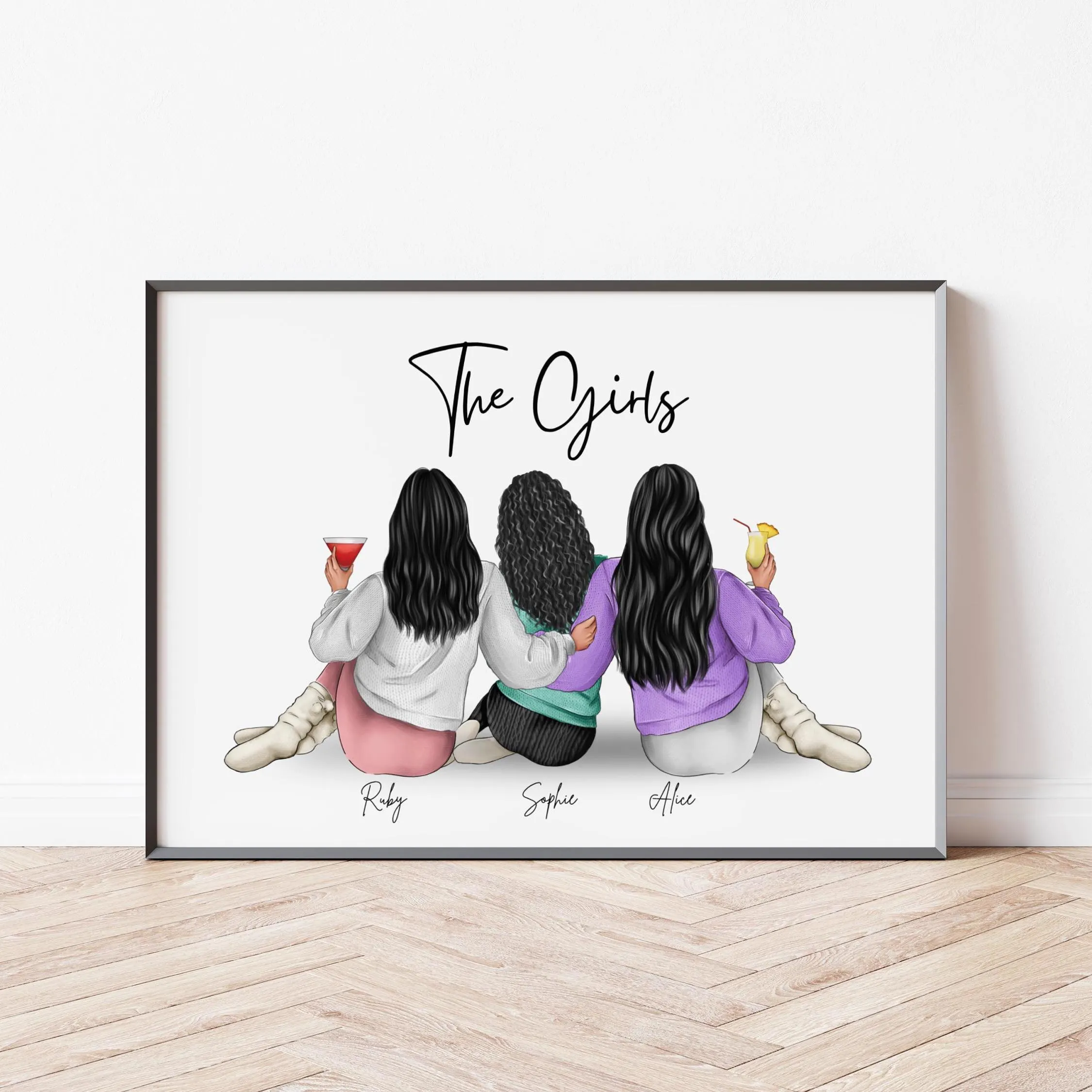 Roommate Print Personalized Print Group of 3 Friends Print Roommate Gift Custom Wall Art Friend Portrait Roomies Gift Group of Three Friends