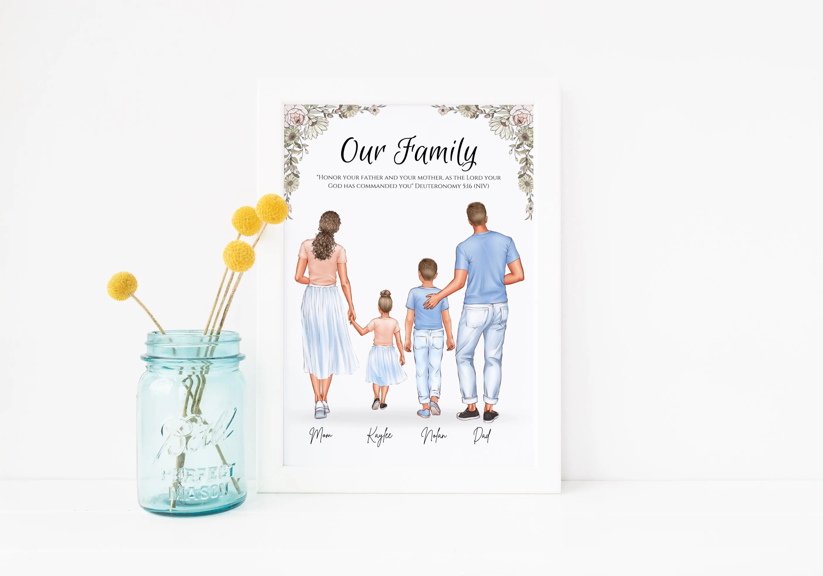 Our Family with Pet Print Personalised Family Portrait With Dog Mum Dad Kids Gift Dog Cat Illustration Art Christmas Gift for Parents Print - image 3