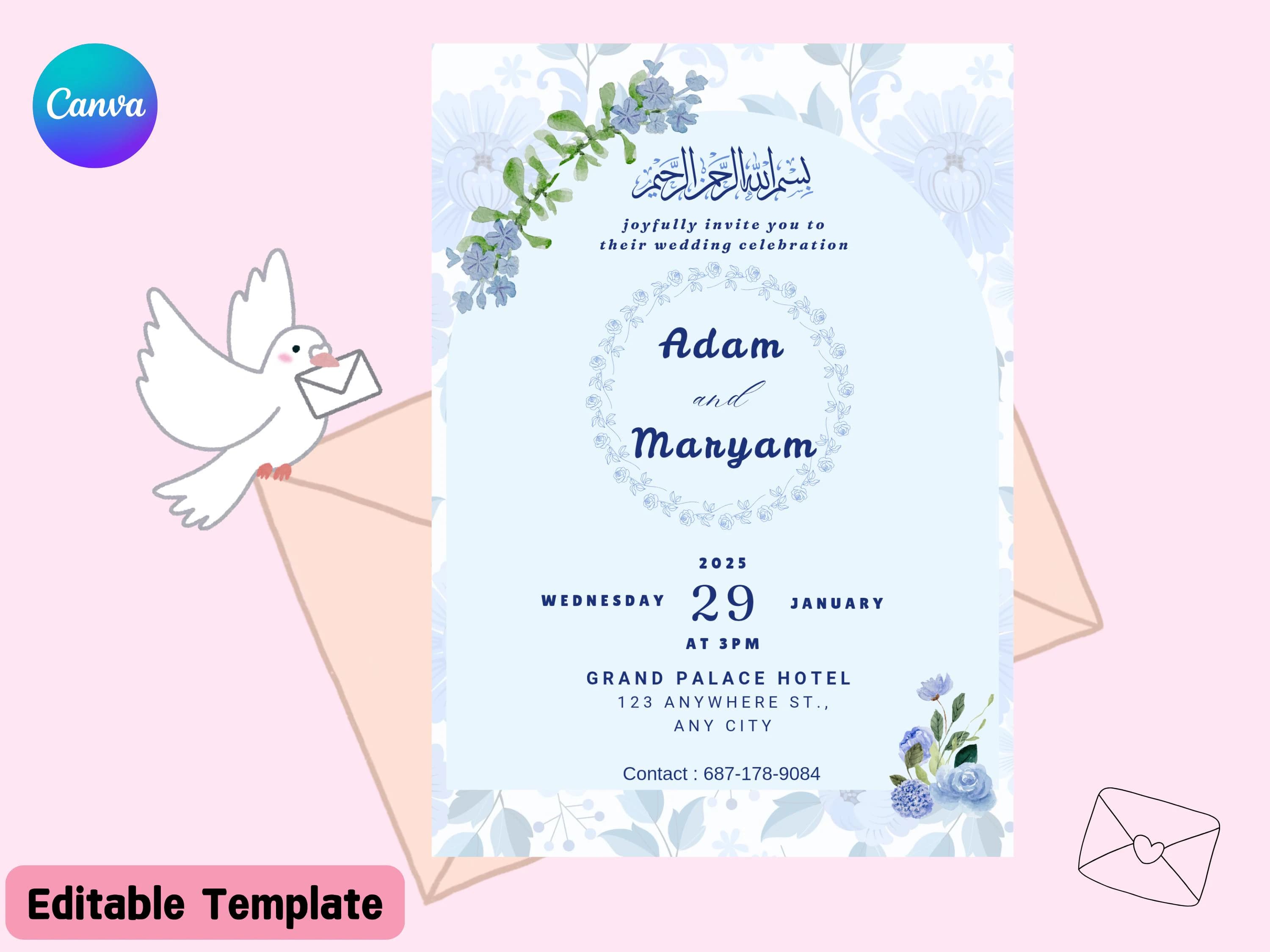 Simple Wedding Invitation Muslim, Islamic Nikah Invitation Template, Baby Blue Muslim Wedding Invite, Digital Muslim Wedding Invitation